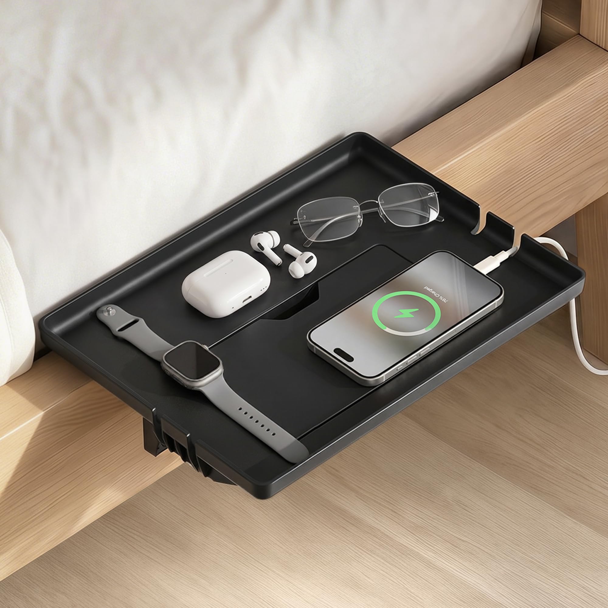 Space-Saving Clamp-On Bedside Tray, Tool-Free Floating Nightstand with Hidden Compartment & Cord Slots, 13x9.5 Bed Shelfie for Rails up to 2.9', Black
