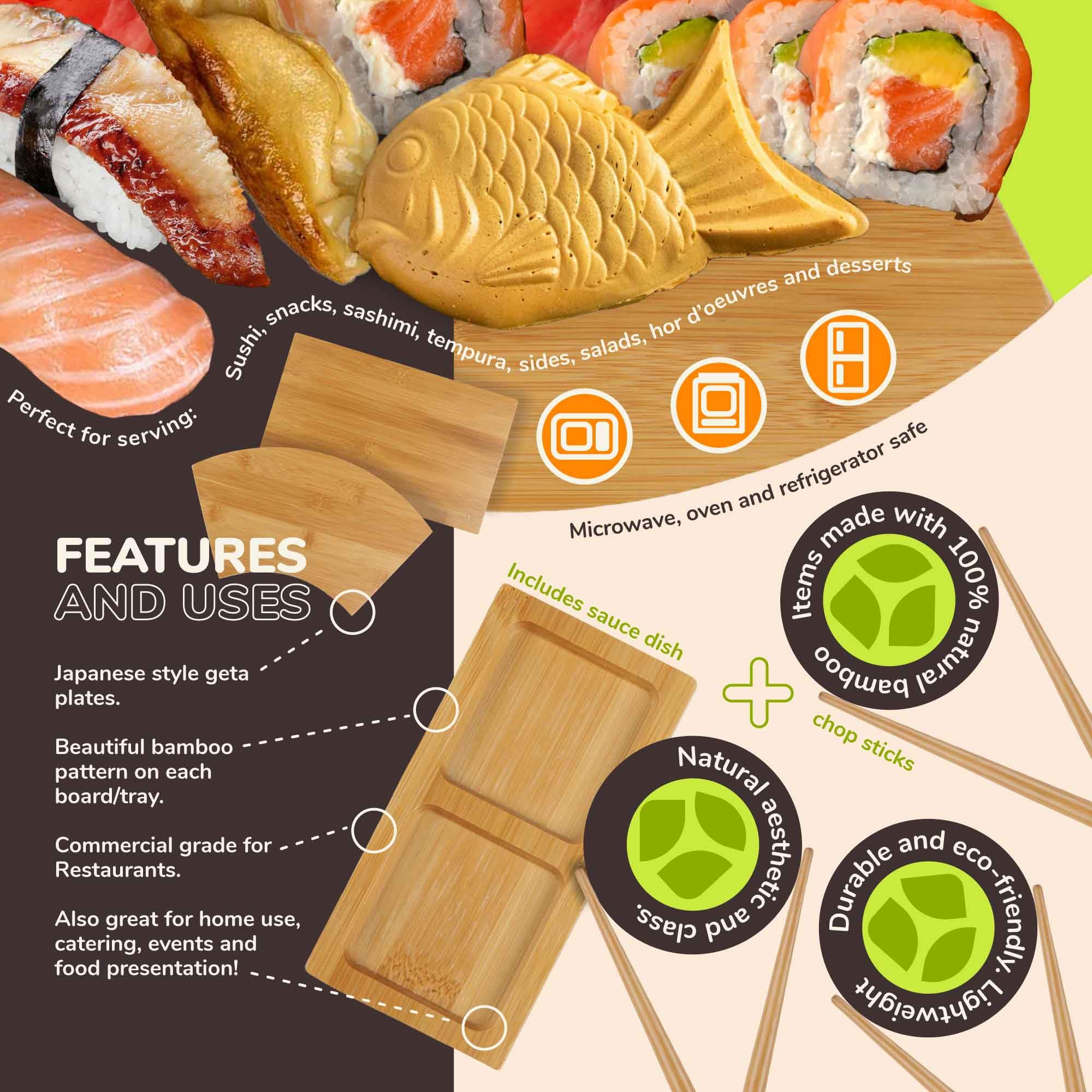 BambooMN Plato de sushi de bambú, palillos y plato de salsa con compartimentos, ventilador de 10.6 pulgadas, 4 juegos
