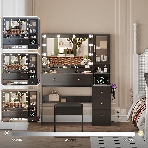 Miniatura 5 de Tocador de maquillaje con luces y estación de carga, mesa de tocador negra con 5 cajones y estantes de almacenamiento abiertos, escritorio de