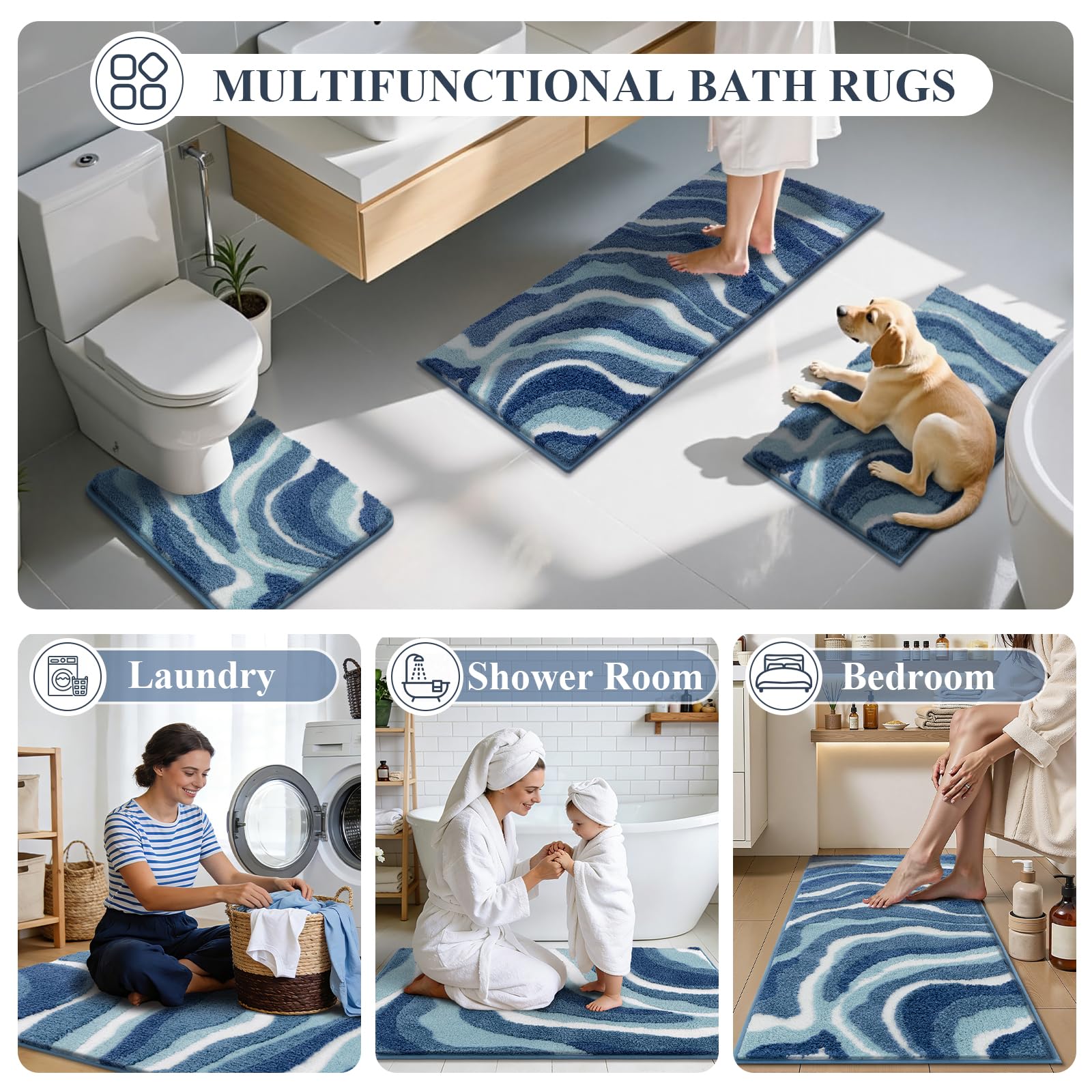 Enyhom Tappeti Bagno Antiscivolo 3 Pezzi, Tappeto Bagno Blu in Microfibra Morbido e Assorbente, Tappetino da Bagno Lavabile in Lavatrice, con Tappetino WC Contorno Soffice per Soggiorno, Bagno