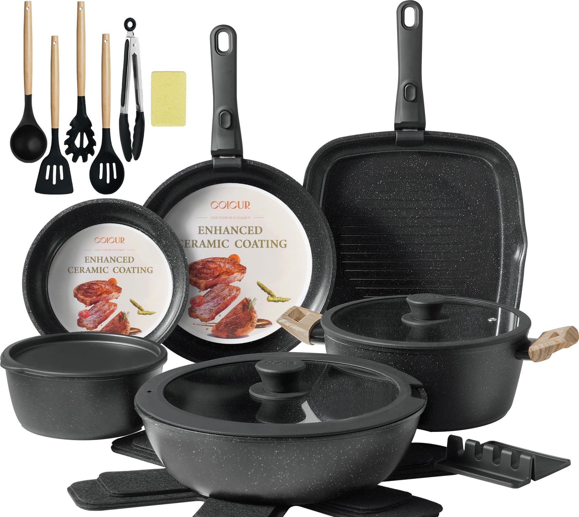 COICUR Keramik Topfsets Pfannenset 23 Teilig Antihaft Kochgeschirr mit Abnehmbarem Griff Stapelbar Topfset Für alle Herdarten, Bratpfanne 20/26cm, Milchtopf 18cm, Schmorpfanne 24cm Ofenfest, Schwarz