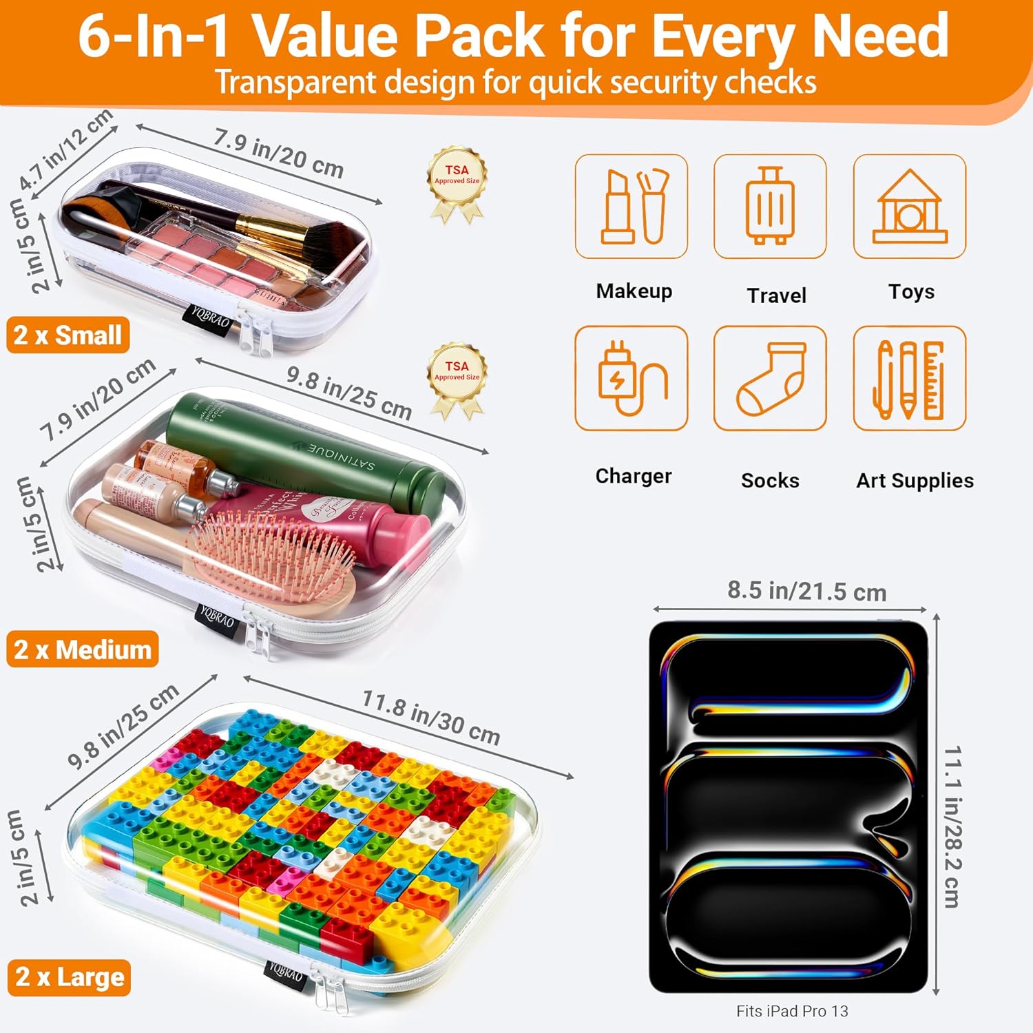 6 Pack Clear Hard Shell Zipper Case (2 Small, 2 Medium, 2 Large), See-Through Hard Plastic Organizer Pouches with Zipper for Travel, Toiletries, Makeup, Electronics & Pencils - Crush-Resistant Storage - Image 4