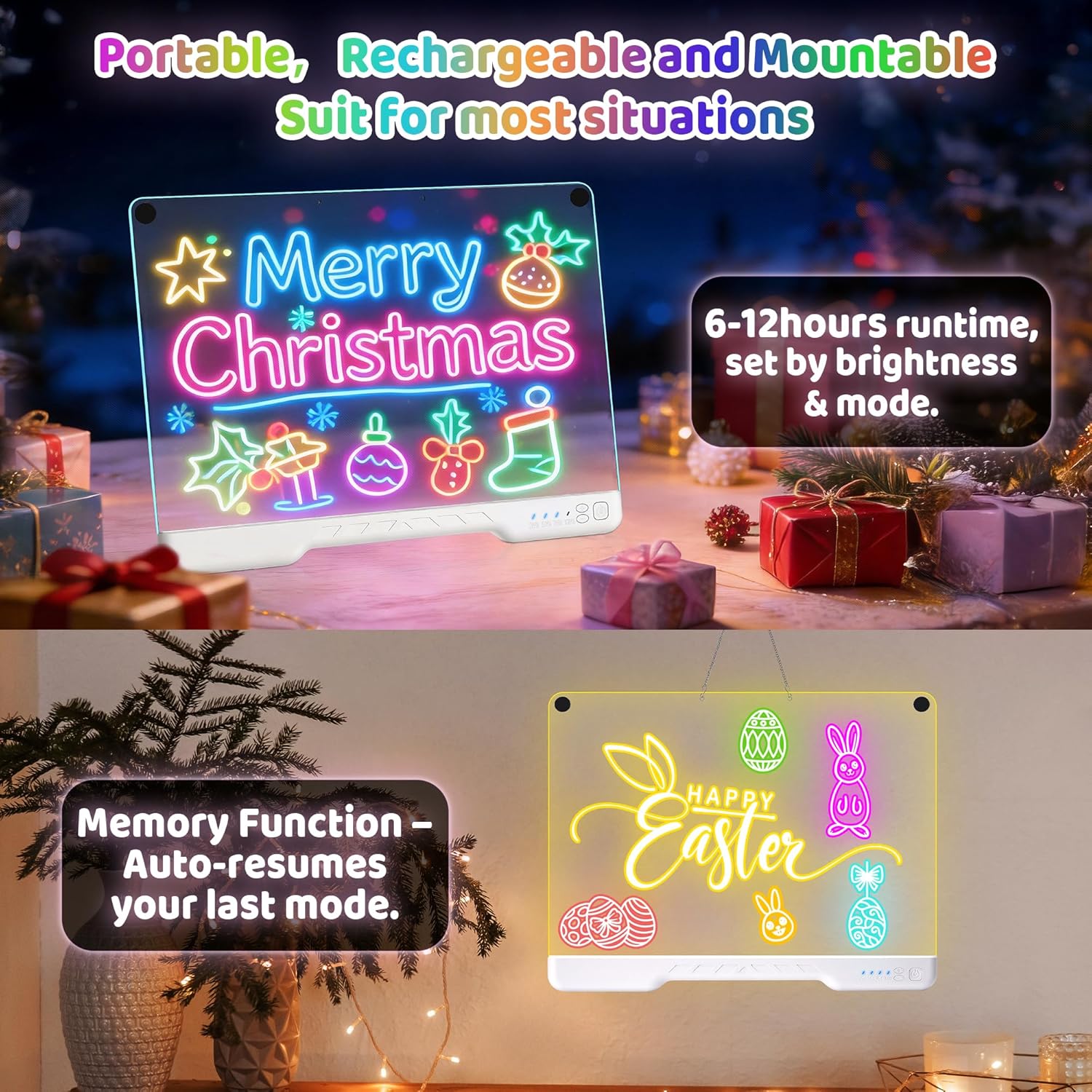 16 Inch Rechargeable LED Drawing Board, 7 Colors & 4 Modes, Portable & Mountable Acrylic Dry Erase Board with Neon Glow Doodle Effect, Includes Markers & Drawing Books,Birthday Gifts for Kids