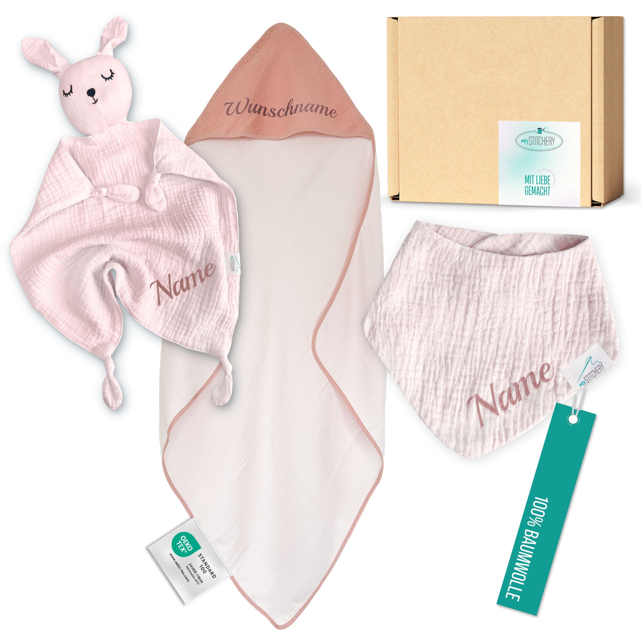 Newborn Baby Set mit Namen bestickt, Oeko-TEX® Standard 100 - Personalisiertes Geschenk Set 3-teilig für Neugeborene aus weichem Musselin (Rosa, Personalisiert)