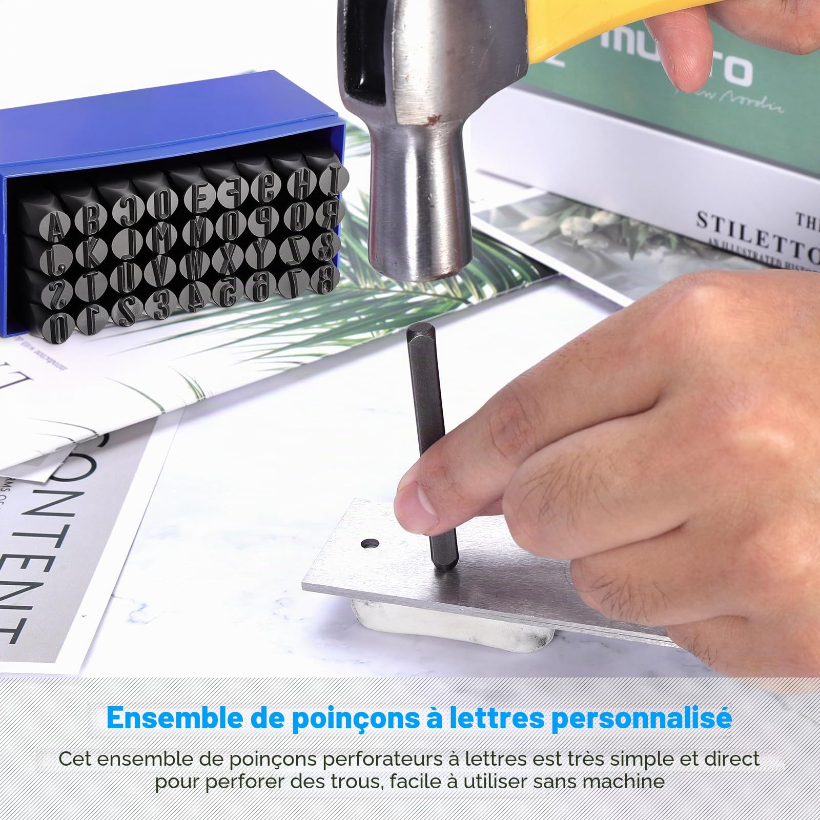 Lot de 36 tampons en acier avec lettres et chiffres de 10 mm - Alphabet de A à Z, chiffres de 0 à 9 et sceau pour impression sur bois, métal, cuir