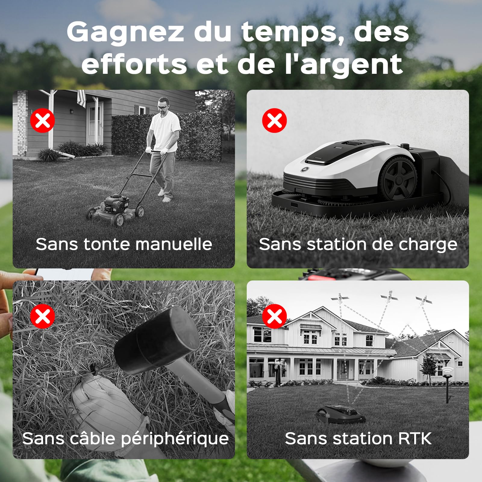 V3 Robot Tondeuse sans Câble Périphérique, Navigation Visuelle IA, Détection de 150+ Obstacles, Contrôle Via App, Moteur sans Balais, 50 DB, Bandes Magnétiques, pour Petits Jardins Plats