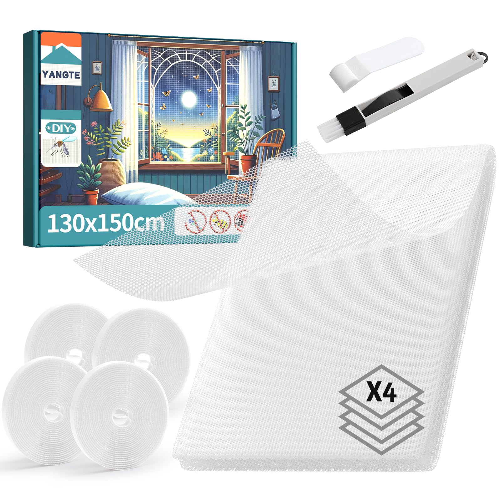4 Packs Fly Screen for Window, Insect Mesh Window Nets1.3m*1.5m, with 4 Rolls Self-Adhesive Tapes,Cleaning Brush, White