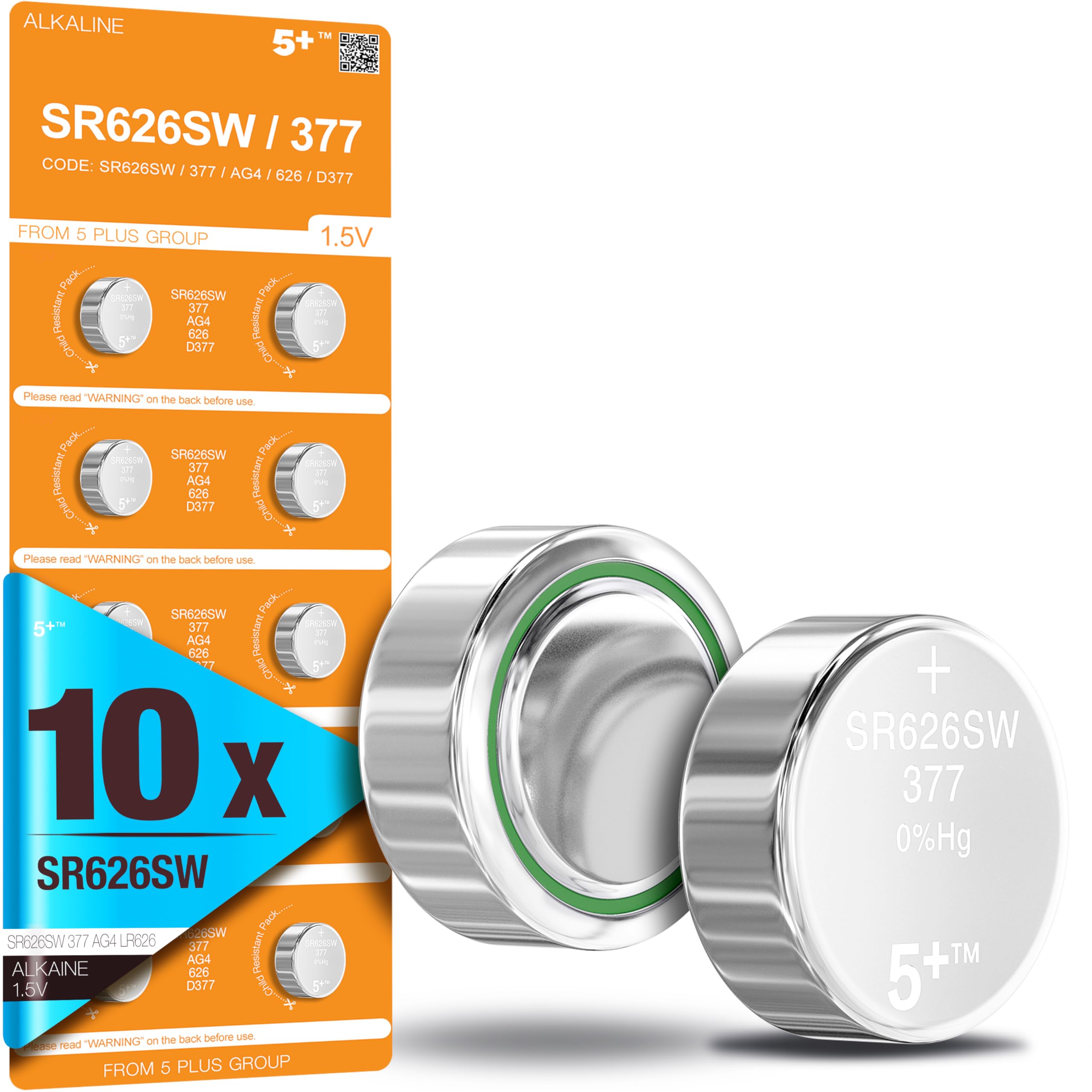 5Plus 10-Pack AG4 LR626 377 1.5V Button Cell Batteries – 0% Mercury Coin Batteries for Watches, Key Fobs, Scales, Wearables & Small Electronics