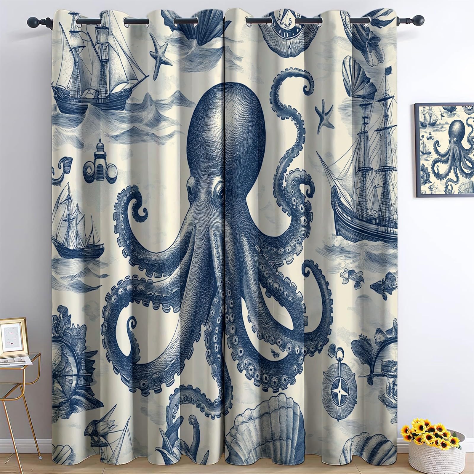 3D Print Blackout Curtains Beige, Nautical Theme Octopus Ships Grommet Drapes Noise Reducing Blackout Privacy Eyelet Curtain for Dining Room Nursery, 29.5 x 65 Inch