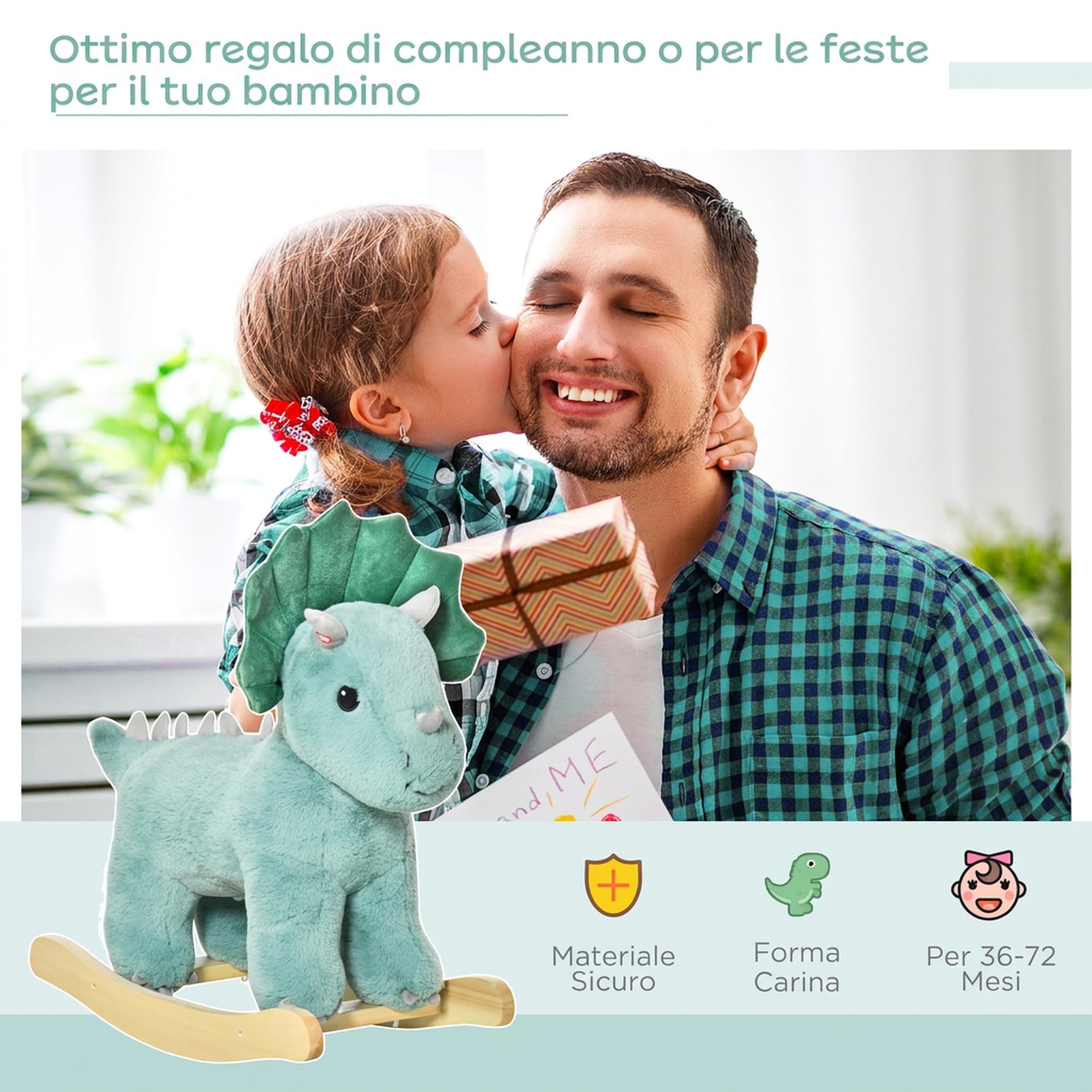 HOMCOM Cavallo a Dondolo per Bambini 3-6 Anni, Triceratopo, Verde Scuro