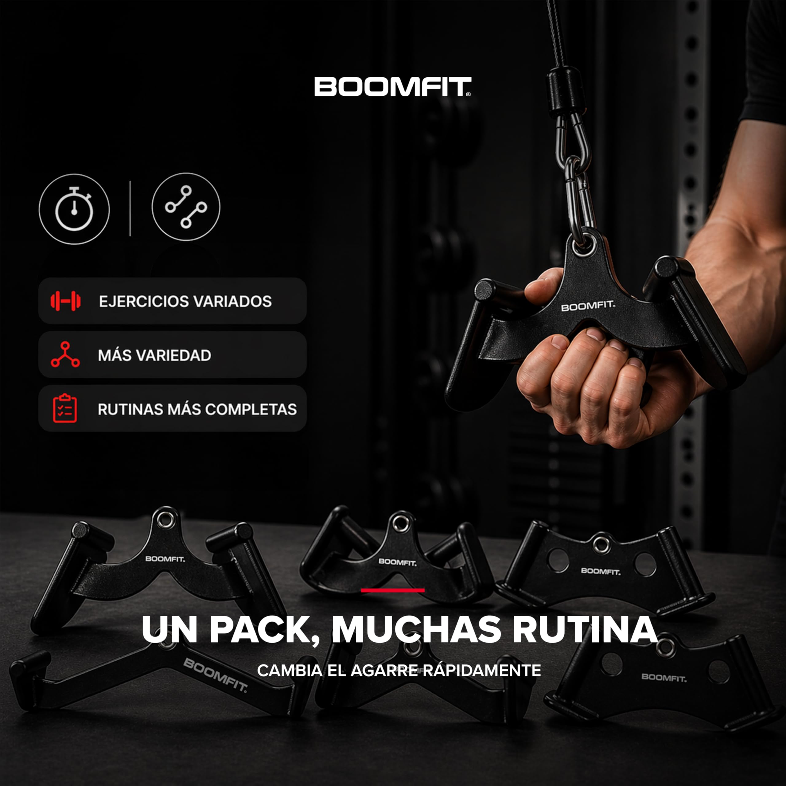 BOOMFIT Pack 8 Agarres para Polea en Hierro Fundido y PVC | Accesorios para Poleas de Gimnasio para Entrenar Espalda, Bíceps, Tríceps y Hombros | Incluye Barra de Jalón, Remo en V y Acoples de Remo | 8 agarres de hierro fundido para tu máquina de polea