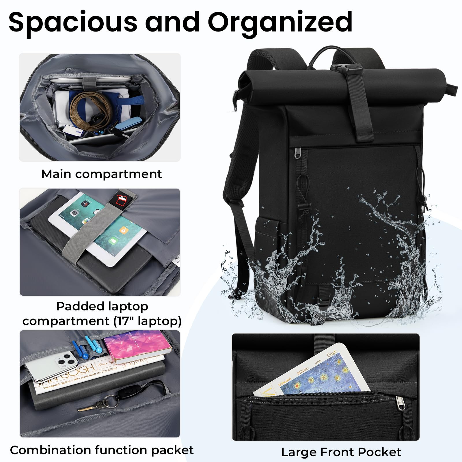 RAINSMORE Rolltop Rucksack Damen Herren, Rucksack Wasserdicht, Laptop Rucksack 17 Zoll Groß Reiserucksack Daypacks Backpack Wanderrucksack Schwarz