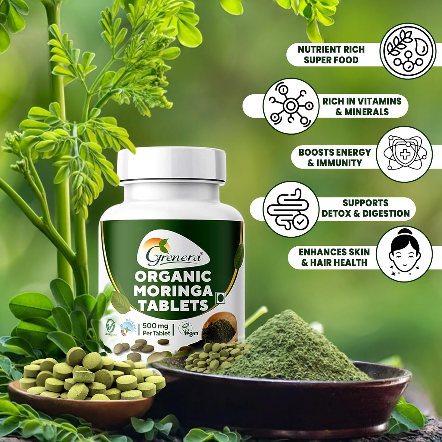 Granra Organic Moringa Tablet 120 Nos, Drumstick Leaf Powder Tills, Super-Food Shigru, Vegetarian, Glutean Free, Non GMO