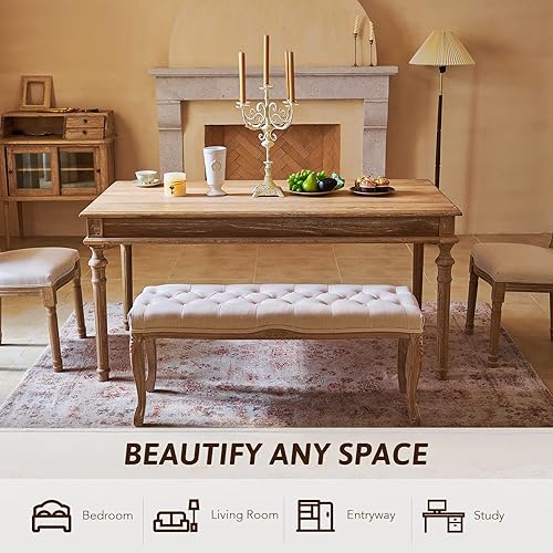 Miniatura 32 de VONLUCE Taburete otomano, 18.5 in de alto, beige, con asiento acolchado, marco de madera, botones acolchados, para comedor, sala de estar, Beige,Gris