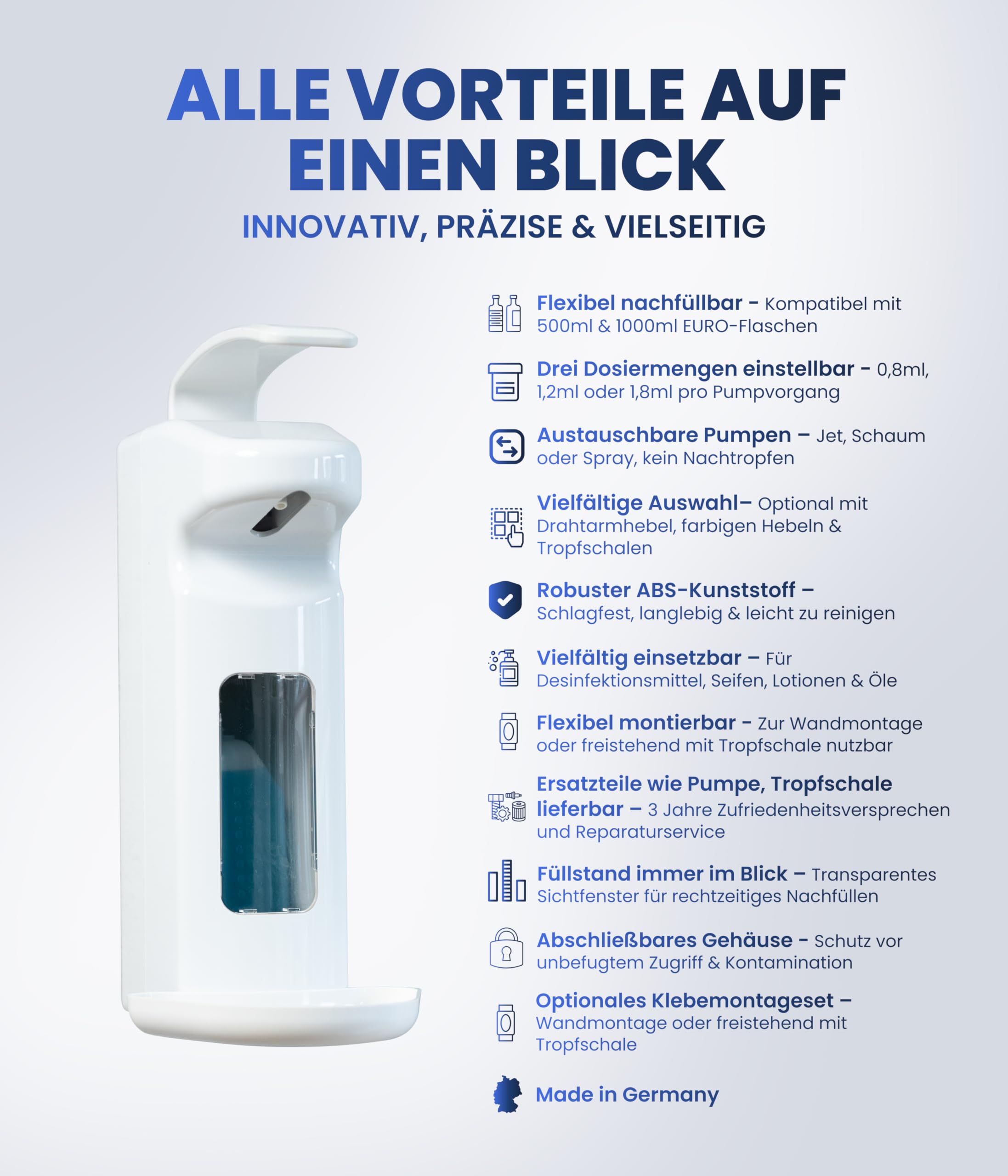 Desinfektionsspender SD2015-w,Armhebelspender manuell für 500-1000ml für Euro-Flaschen – Eurospender & Seifenspender Wandbefestigung, nachfüllbar – Made in Germany (Packung mit 2)