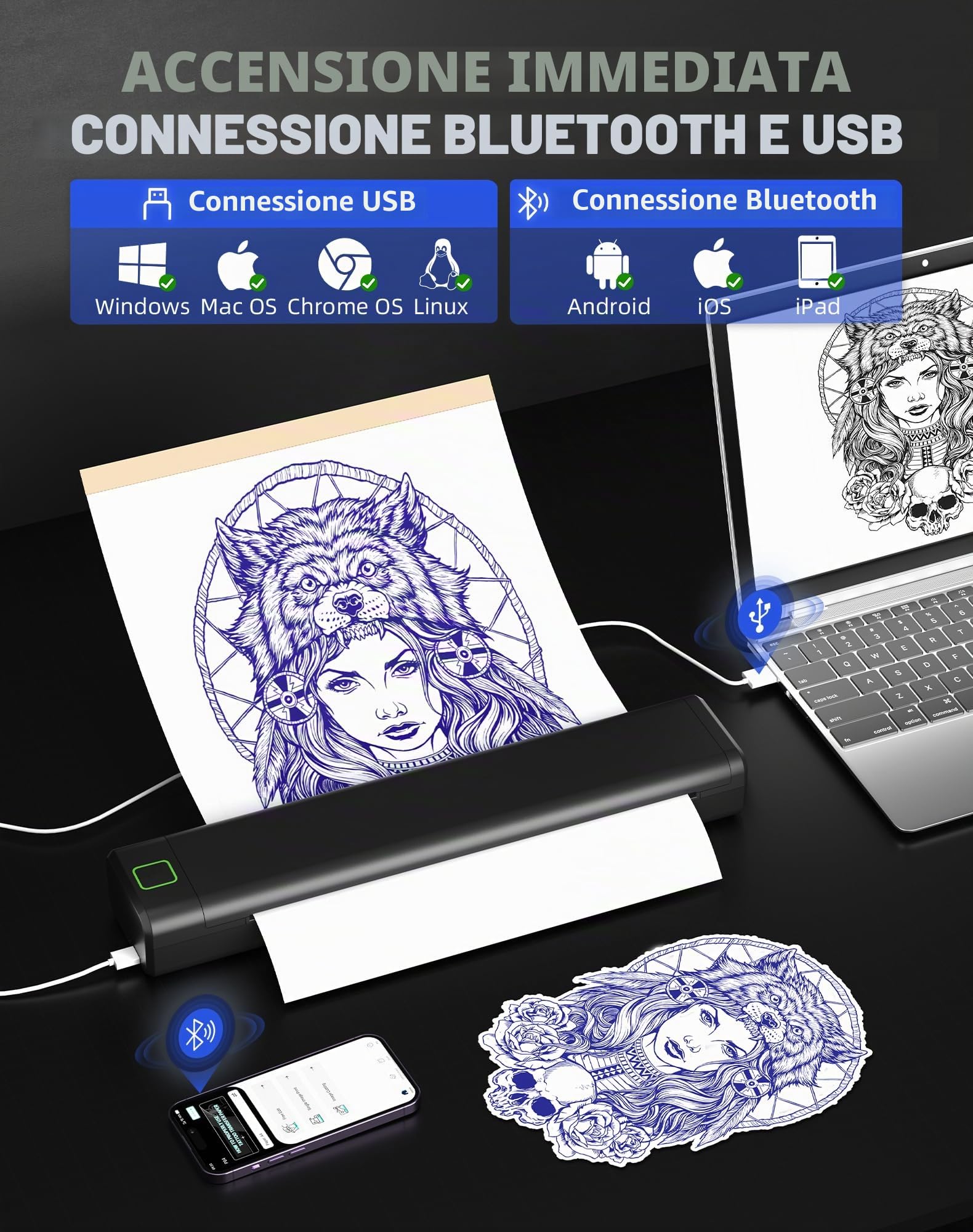 Stampante termica portatile Bluetooth P84 compatibile con iOS, Android, PC, per studi, artisti e principianti