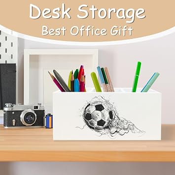 Soccer Ball Pen Pencil Holder Organizer for Desk, Soccer Fan Lovers Players Gifts Wooden Box Block Sign for Home Office Tabletop Decor