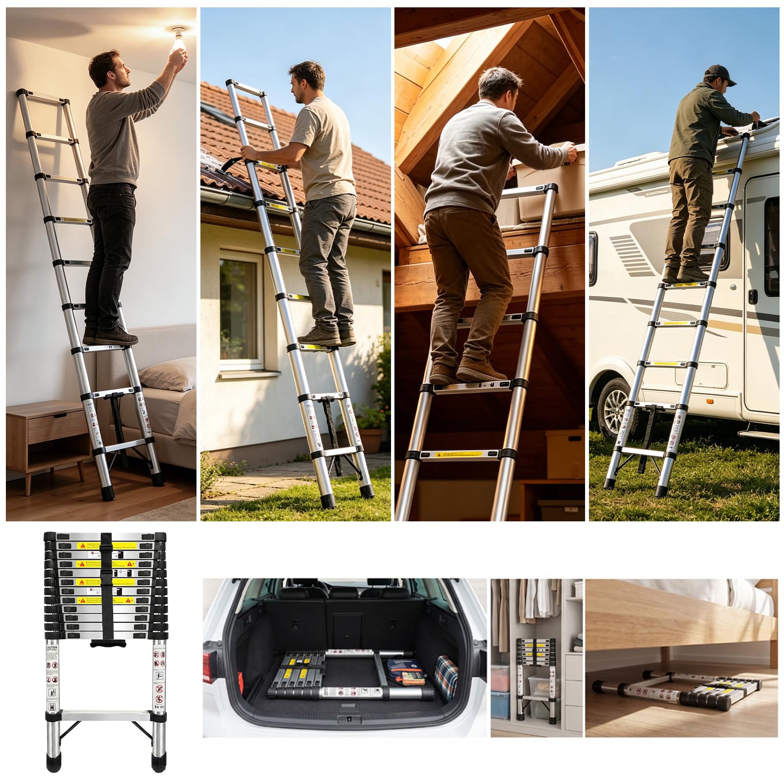 Échelle télescopique de 3,8m, échelle Extensible en Acier Inoxydable renforcé Anti-crochage, échelle Pliable Stable de 150 kg, échelle Pliable à Retrait Lent Anti-crevaison avec Manuel Complet