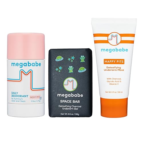 Megababe Ultimate Underarm Paquete de 3 piezas – Desodorante diario Rosy Pits de 2.6 onzas, jabón desintoxicante Space Bar de 3.5 onzas y máscara de