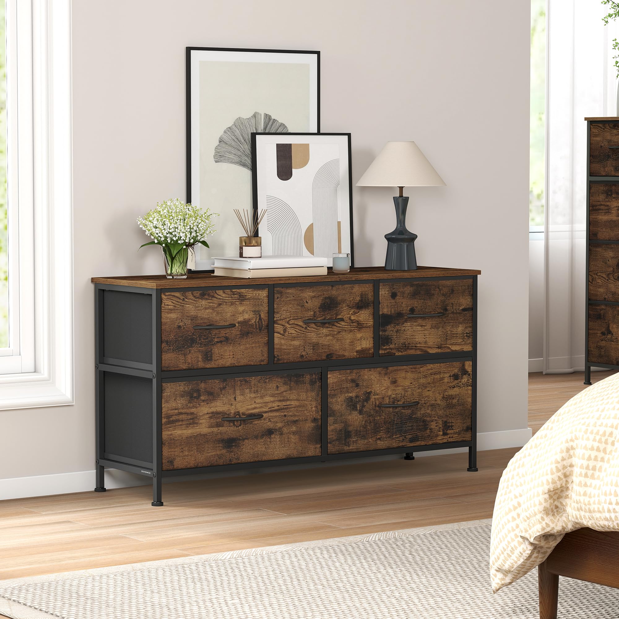 SONGMICS Chest of Drawers, 5 Storage Drawers Bedroom, Storage Unit, Steel, MDF, Non-Woven Fabric, for Bedroom, Closet, Hallway, Living Room, Rustic Brown and Ink Black LGS322BH04