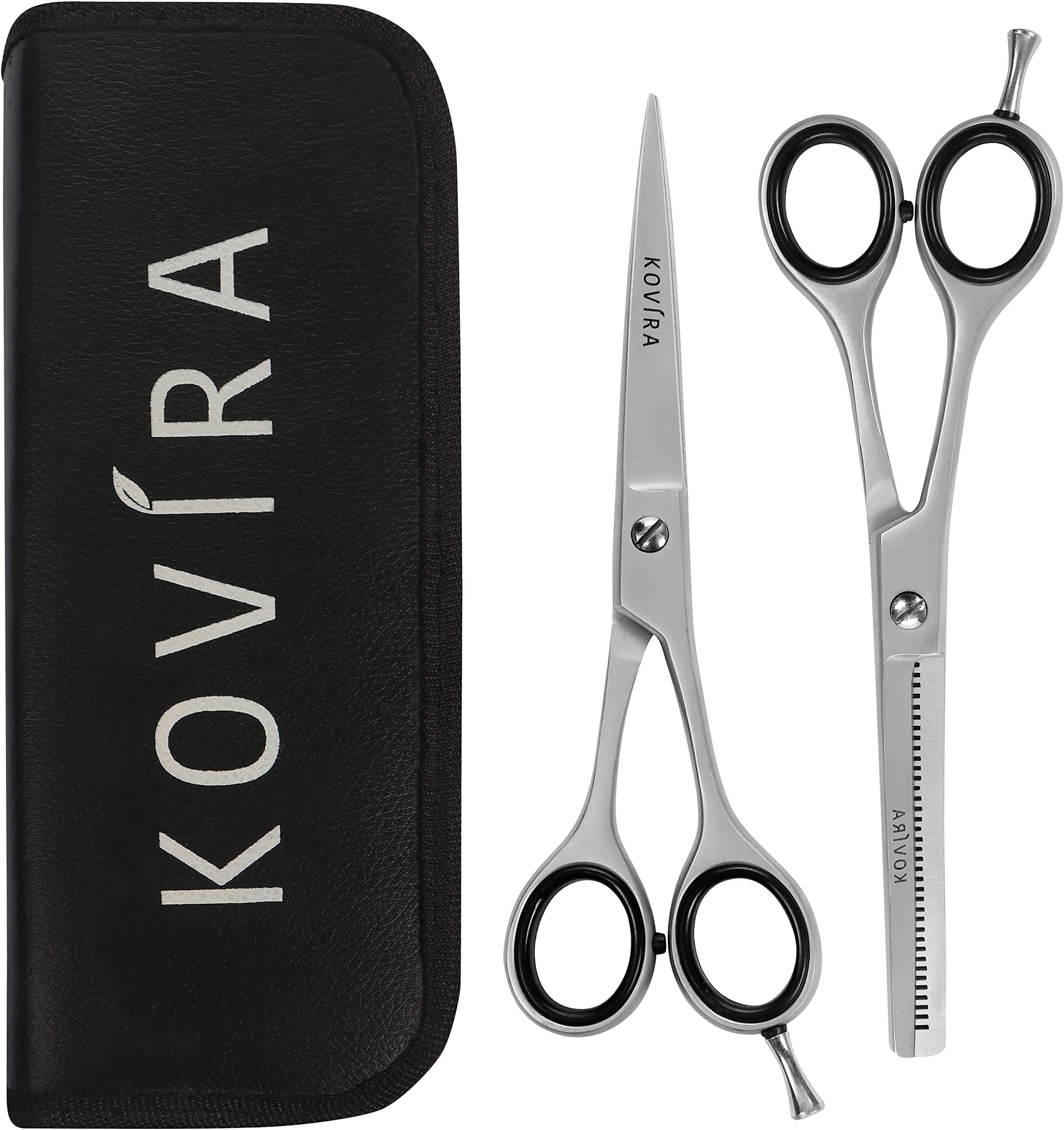 Kovira 2pc Professional Hair Cutting Scissor Set - 16.5cm/6.5 Inch Overall Length - Razor Sharp Hairdressing Scissors and Texturising Thinning Shears - Stainless Steel Barber Set for Haircuts at Home