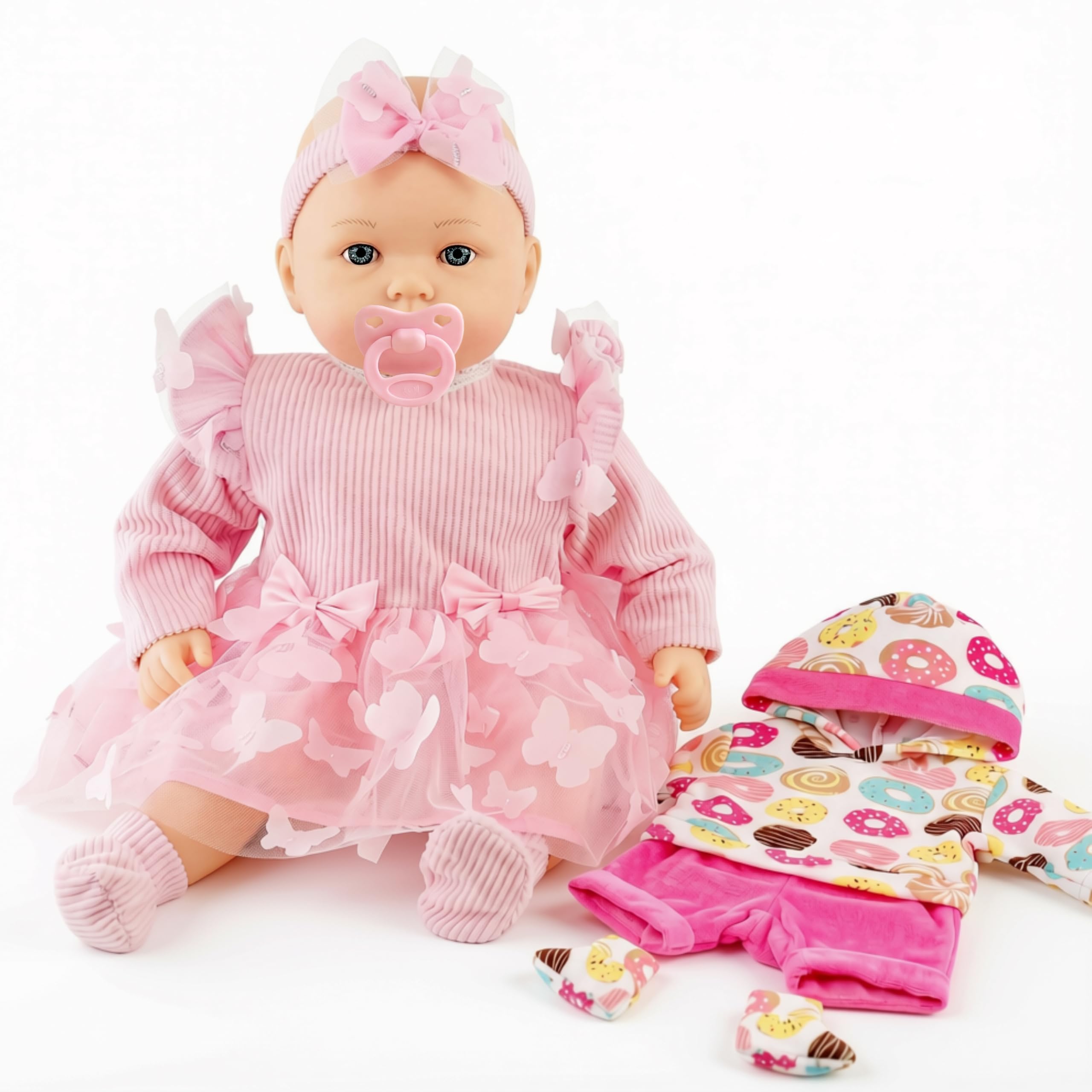 Bibi Doll 18" Baby Girl Doll with Dummy & Sounds - Lifelike, Soft Body, Pink Butterfly Dress & Extra Donut Outfit, Realistic Toy for Girls & Boys Aged 18 Months+