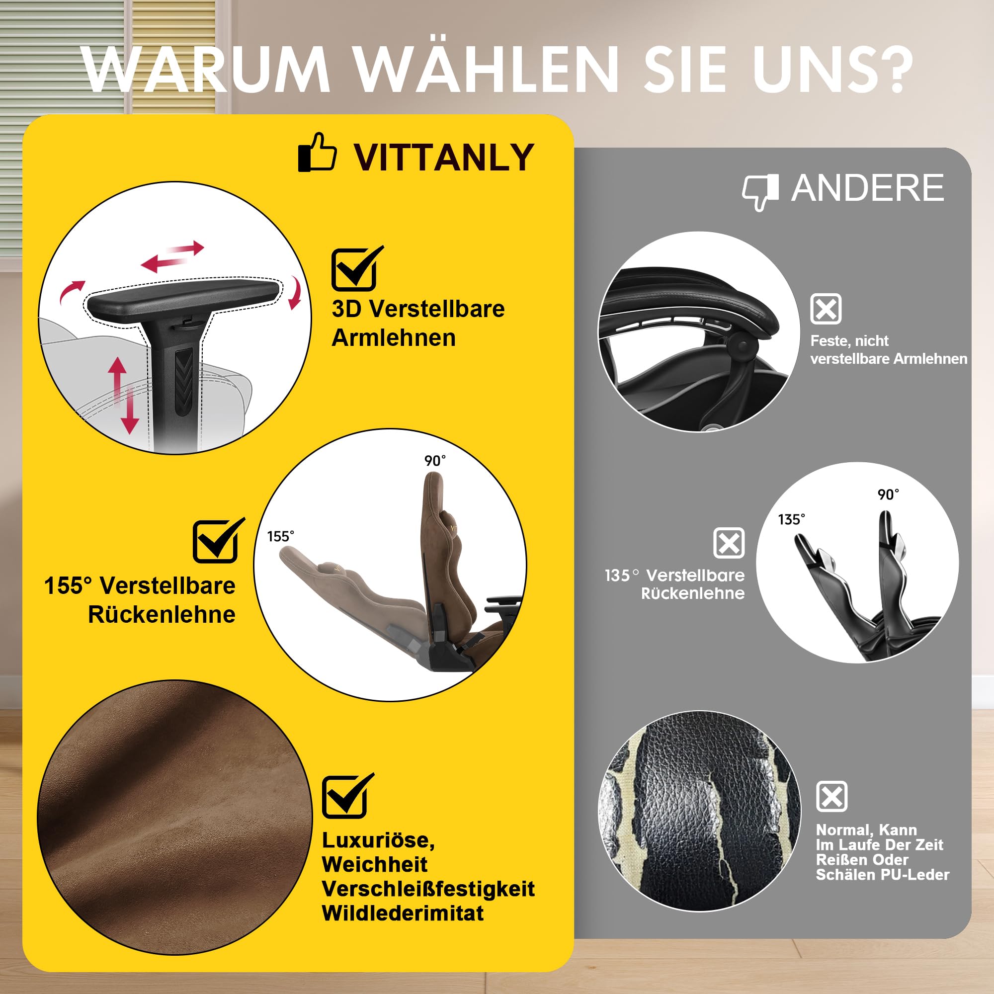Vittanly Sedia da gaming, lussuosa e traspirante, in finta pelle scamosciata, da ufficio, da gaming, ergonomica, con poggiapiedi e cuscino lombare, braccioli 3D, schienale 90-155°, marrone