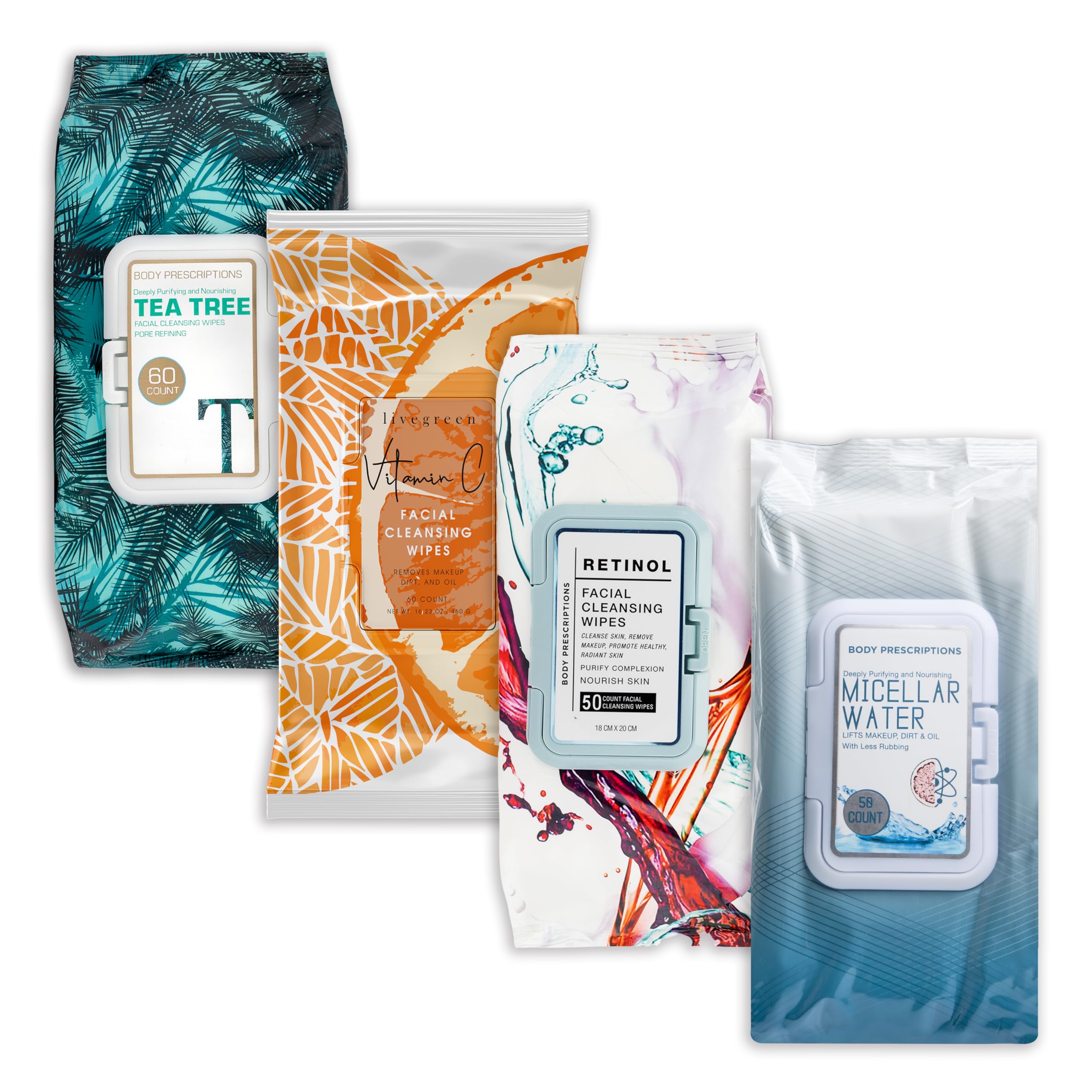 body prescription makeup cleansing wipes - gentle and effective face wipes, 50 count (pack of 4), tea tree, retinol, micellar water, and vitamin c