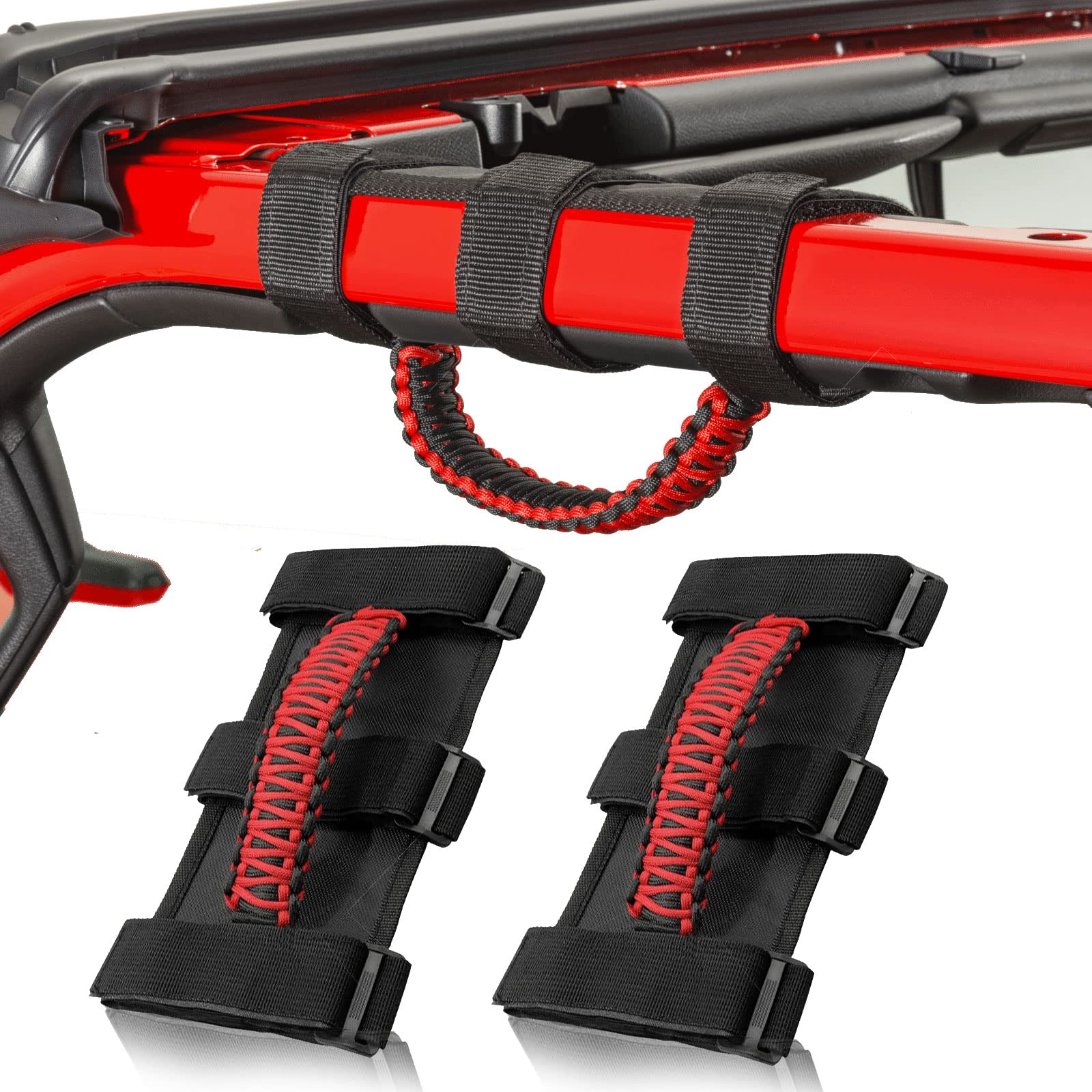 2 Pack Grab Handles for Je-ep, Roll Bar Grab Handle for JEE-p Wrangler CJ YJ TJ JK Gladiator with 3 Straps Design for 1987-2023 Models(Red)