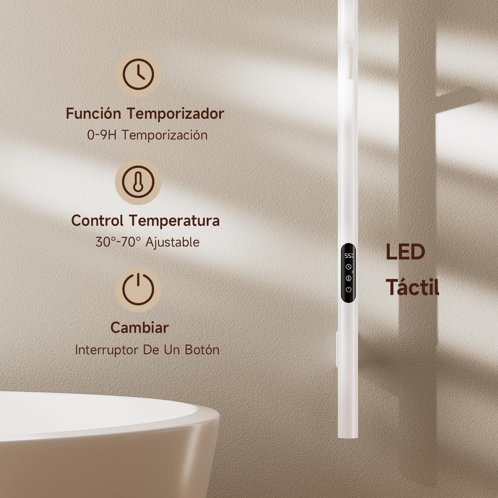Radiador Toallero Eléctrico,Toallero calefactable Blanco,153cm Radiador eléctrico una sola varilla inteligente WIFI,con pantalla LED, Temporizador y 7 ganchos,Bajo Consumo De Energía Towel Warmer