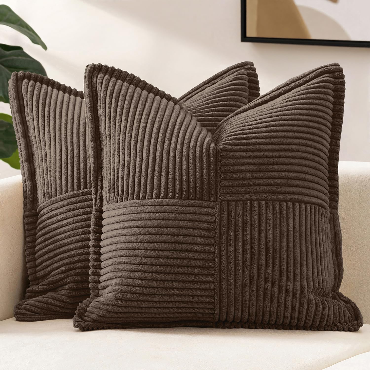 MIULEE Decorative Throw Pillow Covers for Couch 20x20 Inch Dark Brown | 2 Pack, Boho Broadside Striped Patchwork Pillow Covers, Soft Corduroy Cushion Cases, For Sofa Bed Livingroom Home Decor