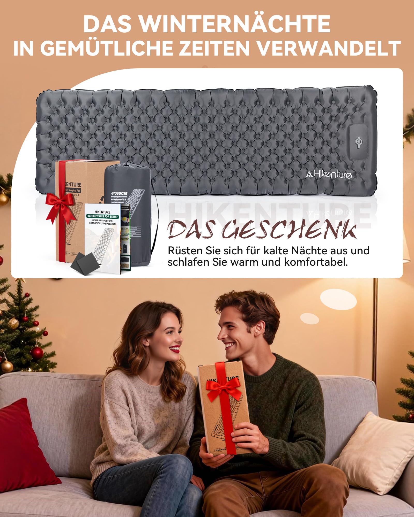 HIKENTURE Isomatte Camping R Value 7,3 z pompką nożną, 10 cm, bardzo gruba izolująca mata do leżenia 210 x 64 cm, ciepła mata do spania, materac dmuchany, mały rozmiar opakowania na 4 pory roku, na