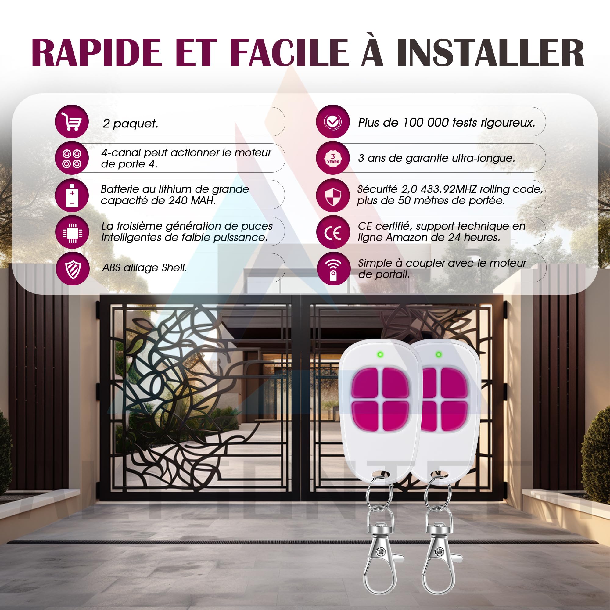 2 x AAM0121 AAM0135 AAM0133 Télécommande SCS Motorisation Portail Portes de Garage 4-Canaux 433,92MHz Garantie de 3 Ans