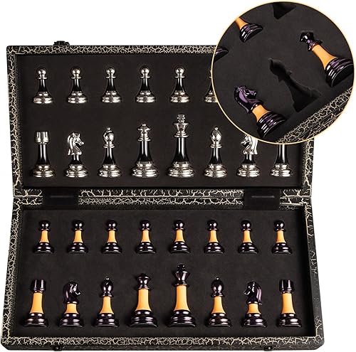 Miniatura 6 de Juego de ajedrez de madera plegable de 16 pulgadas, tablero de ajedrez blanco y negro, piezas de ajedrez acrílico con peso de lujo de 3.5 pulgadas