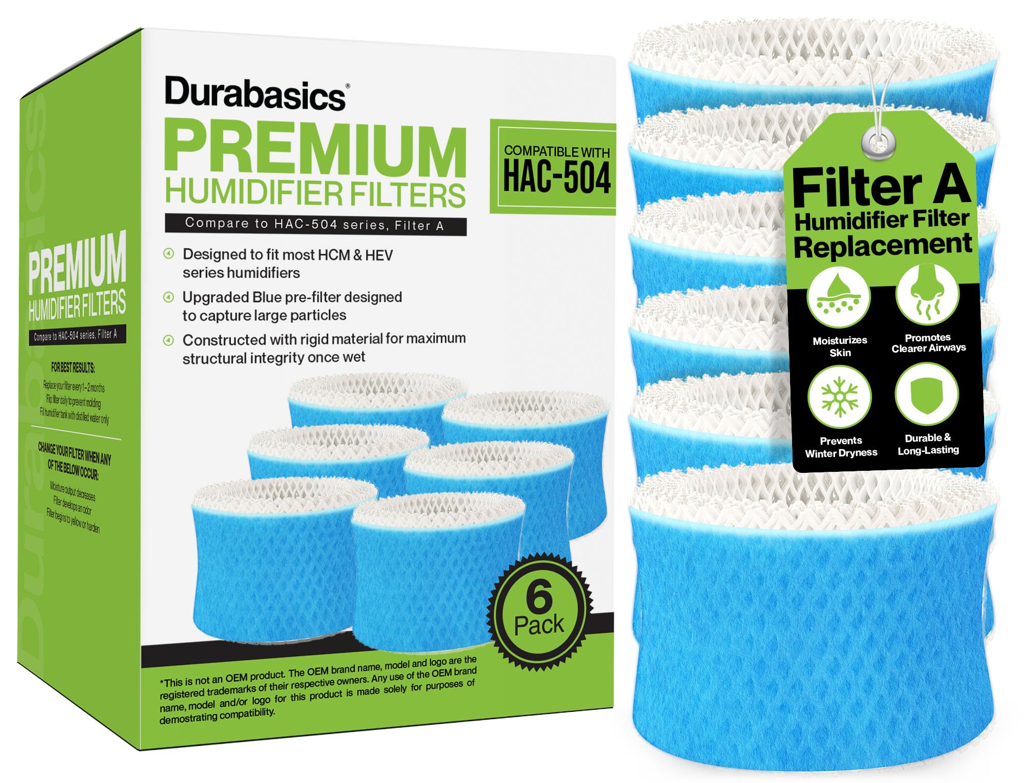 Durabasics 6 Pack of Premium Humidifier Filters Compatible with Honeywell Humidifier Filters HAC-504, HAC-504AW &amp; Honeywell Filter A | Replacement for HCM 350 Cool Mist Humidifiers