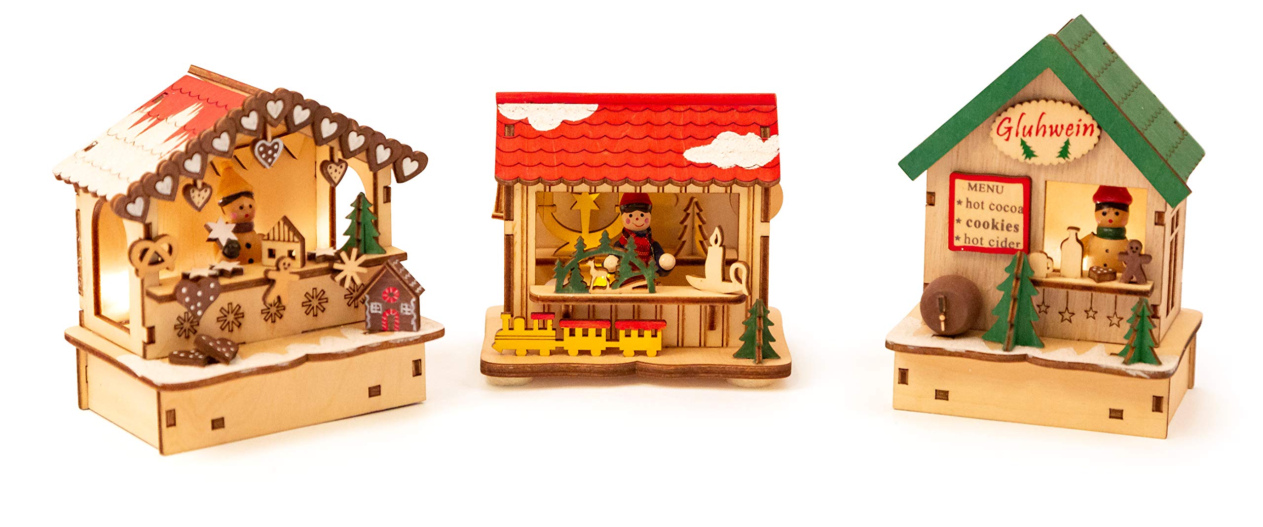 Small Foot 11390 Christmas Market Lamps Set, Made of Wood, Three Wooden Huts with Lights
