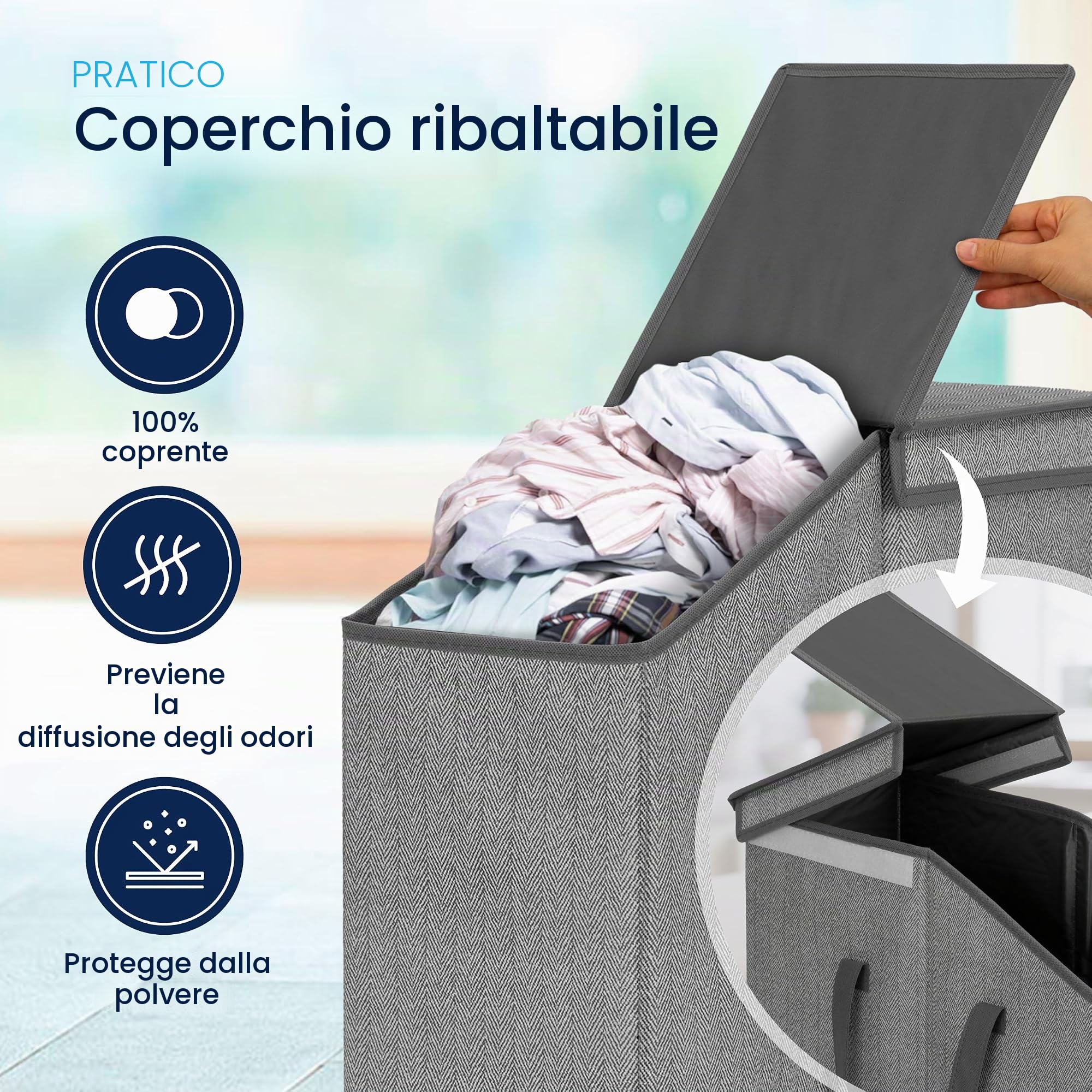 Topp4u Cesto per la Biancheria Stretto con Coperchio – Cesto per la Biancheria Pieghevole per Riti con Molto Volume – 52 Litri – 20 x 45 x 60 cm – Cestino per la Lavanderia Sottile in Design Grigio