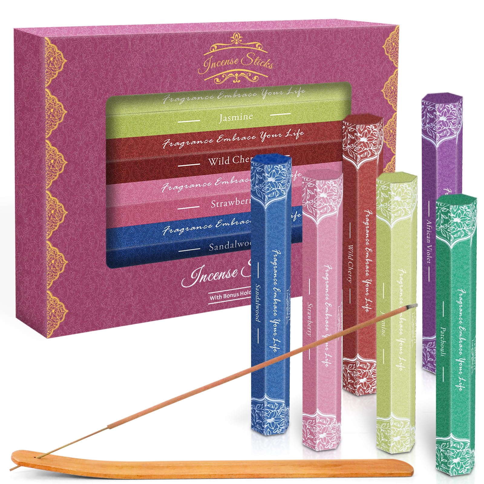 SCENTORINI Incense Sticks, Luxury Incense Sticks Gift Set, Sandalwood, Patchouli, African Violet, Strawberry, Jasmine, Wild Cherry for Relaxation and Meditation - 120 with Stick Holders