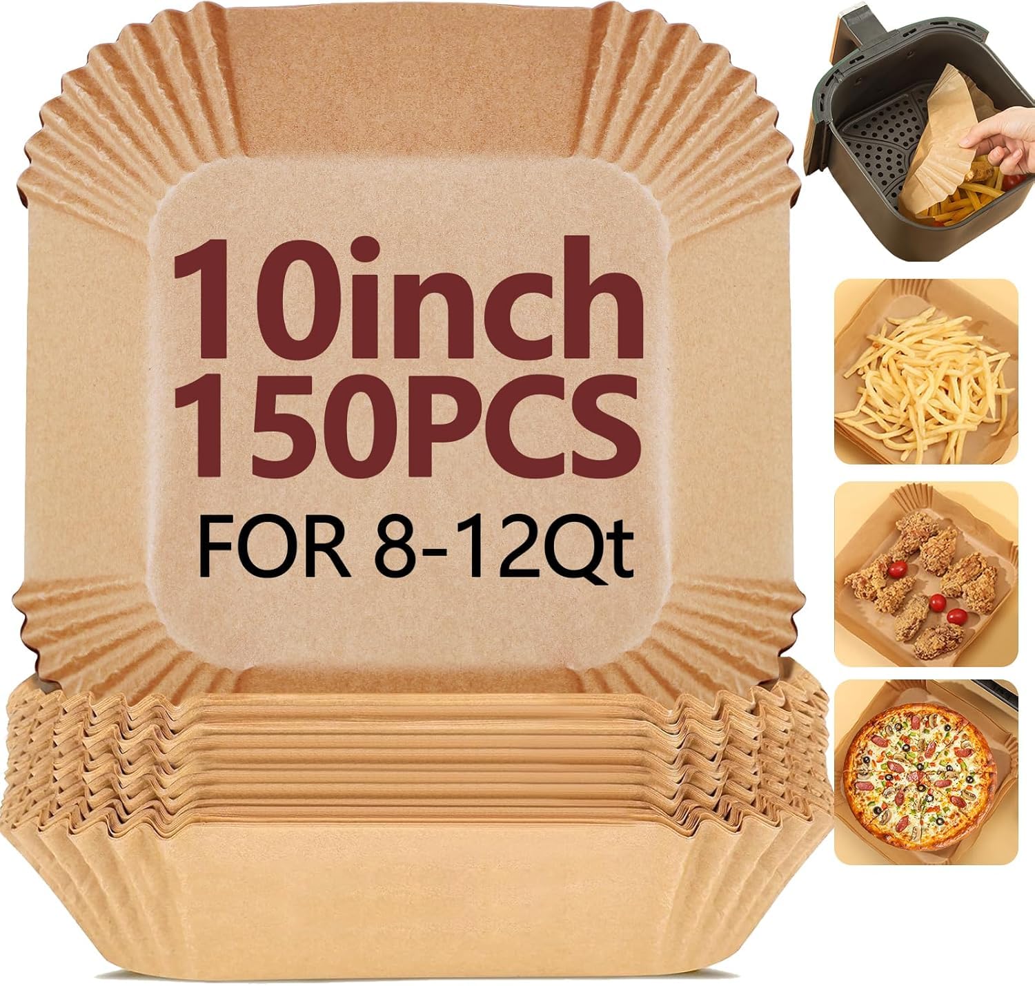 10 Inch Air Fryer Liners Disposable-150PCS Square Parchment Paper Liners,Heat Resistant &amp; Non-Stick,Unbleached Liners for Air Fryer,Oven,Roasting,Baking,Microwave（Bottom is 9 Inch）