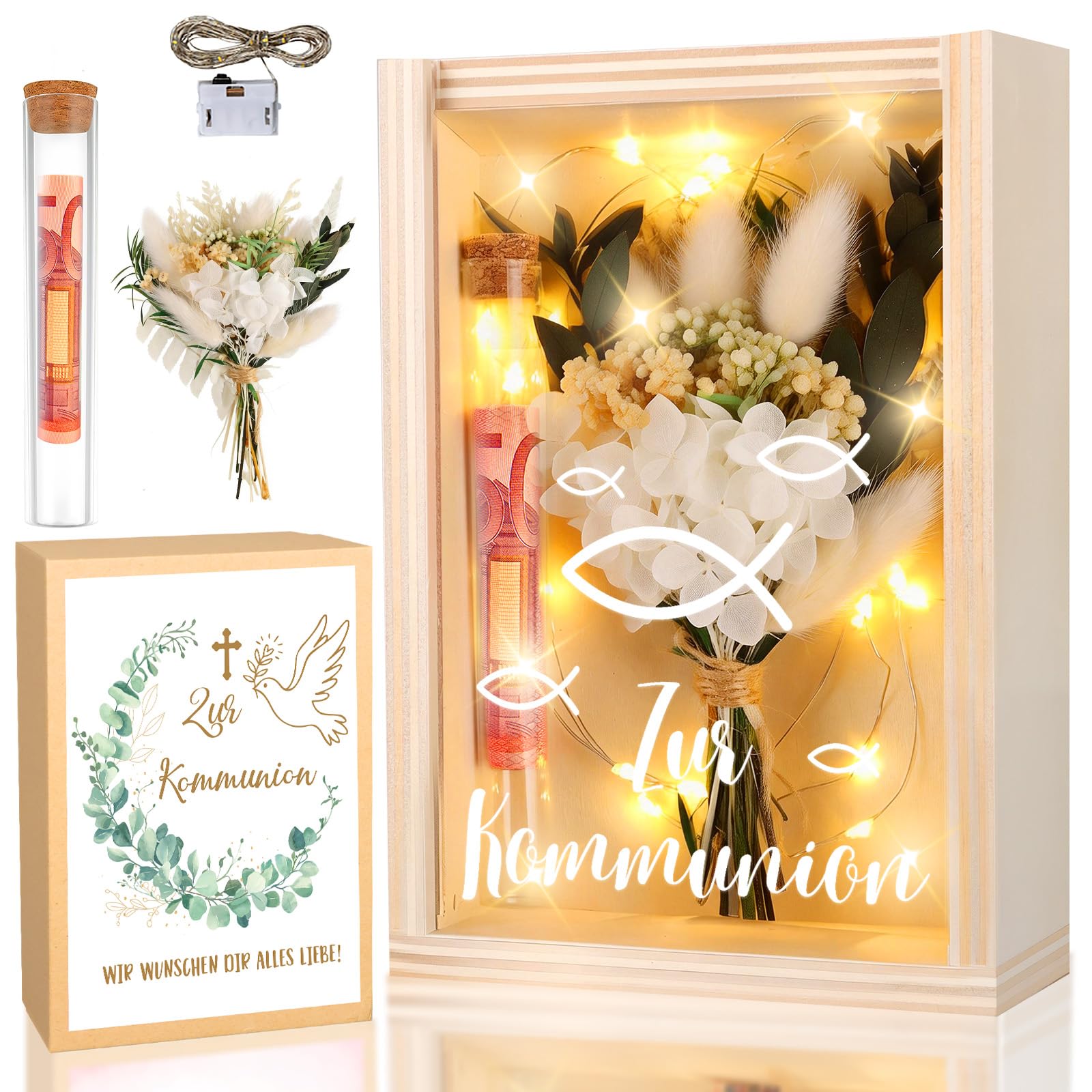 TUZELIYA Kommunion Geschenkbox, inklusive Trockenblumen+LED Lichterkette+Reagenzglas+Holzbox, Tischdeko, Geldgeschenk, Erstkommunion deko Junge Mädchen Geschenke Gastgeschenke