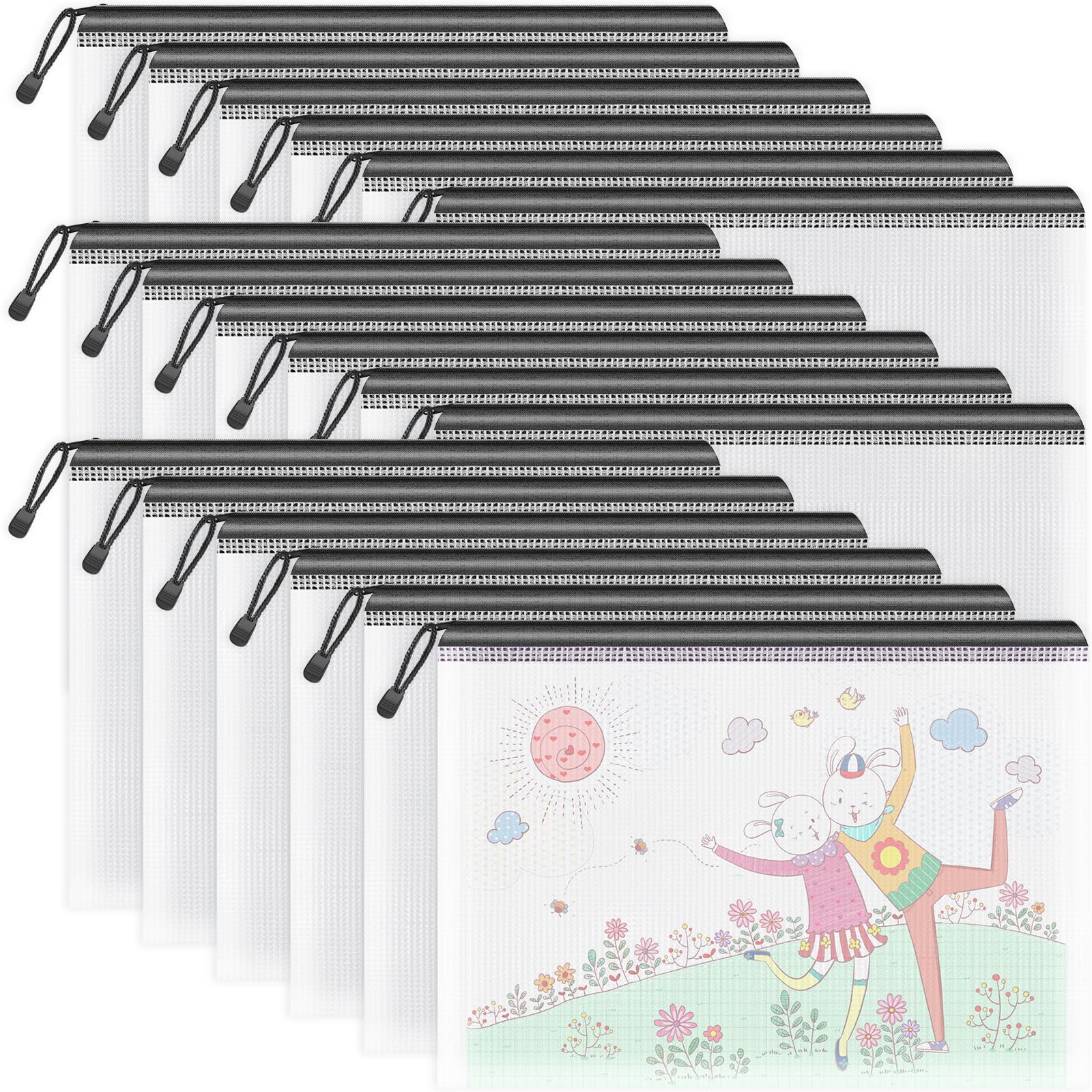 Umriox Zipper Mesh Document Pouch, 13.0 x 9.0 in (Black, 18 Packs), Clear Zipper Pouches, Waterproof Zipper Pouches for Office Supplies Cosmetics