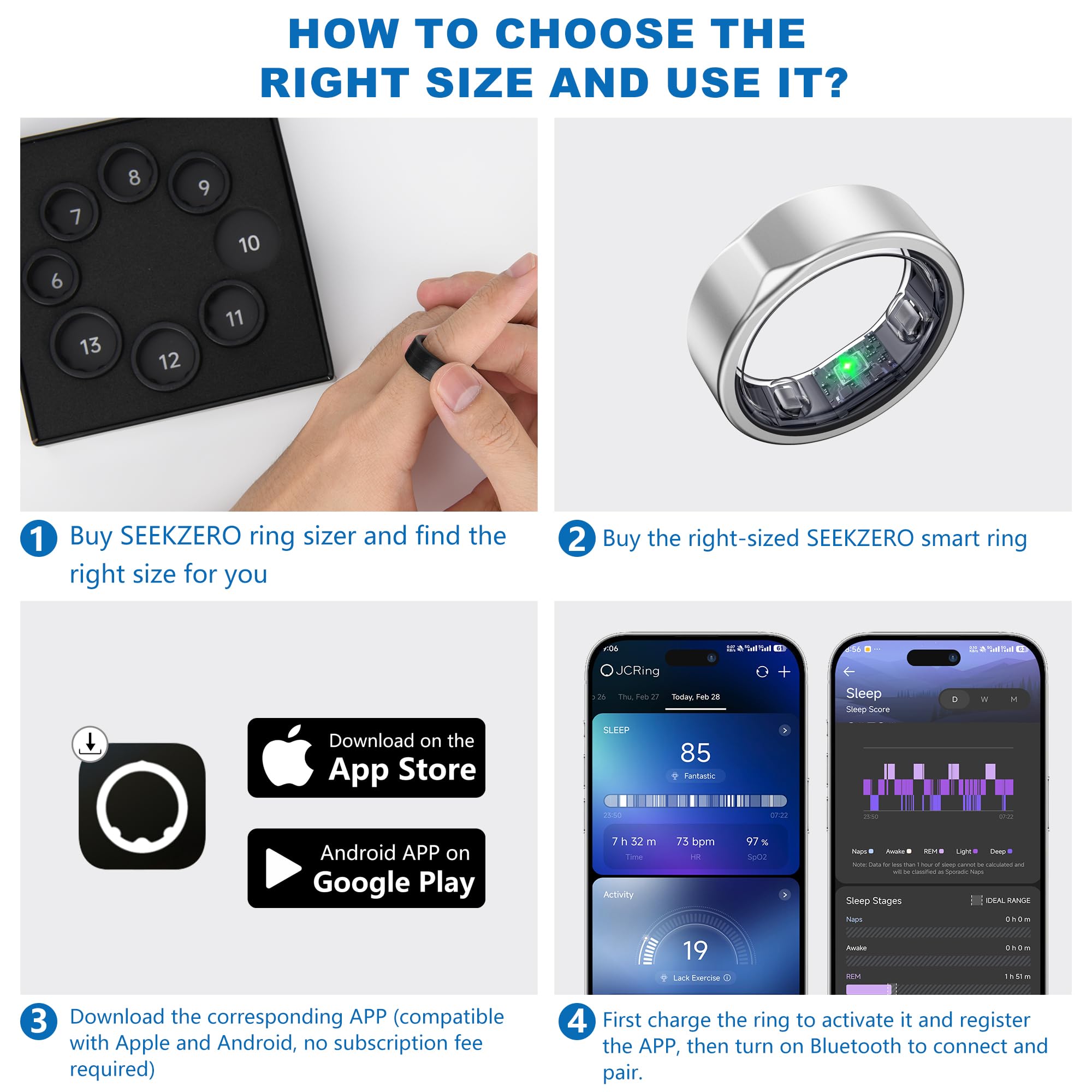 SEEKZERO Smart Ring-Size First Before You Buy, No APP Subscription,7-10 Days of Use,Sleep|Activity|Stress|Heart Rate|SPO? Tracker, Compatible with iOS and Android (Silver, 8)