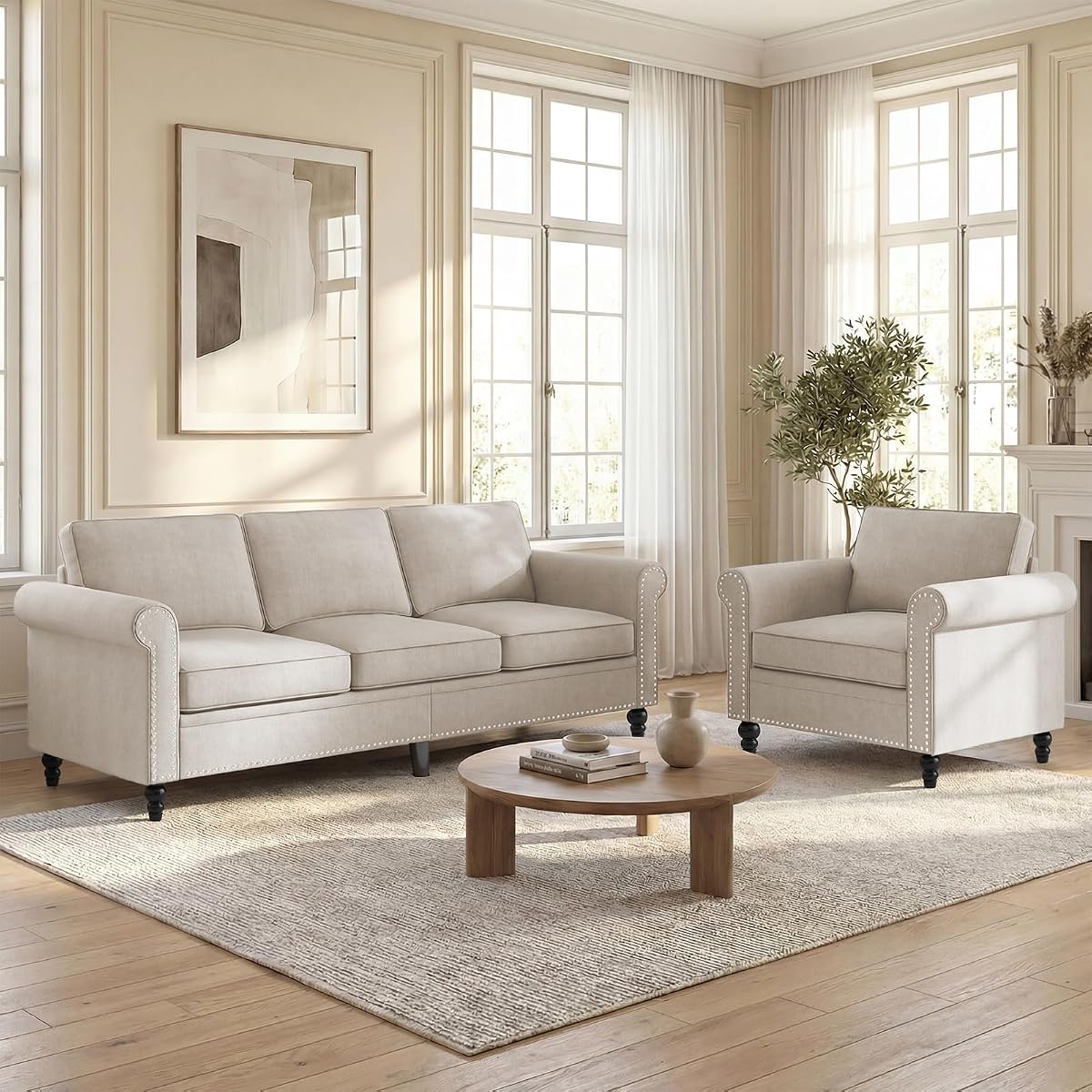 2 Pieces Living Room Sofa Set, Sectional Sofa Couches, Couch and Chair Set, Modern Linen Couch with Wood Frame & Gourd Shapes Legs & Nailhead Trim Design for Living Room, Apartment, Beige
