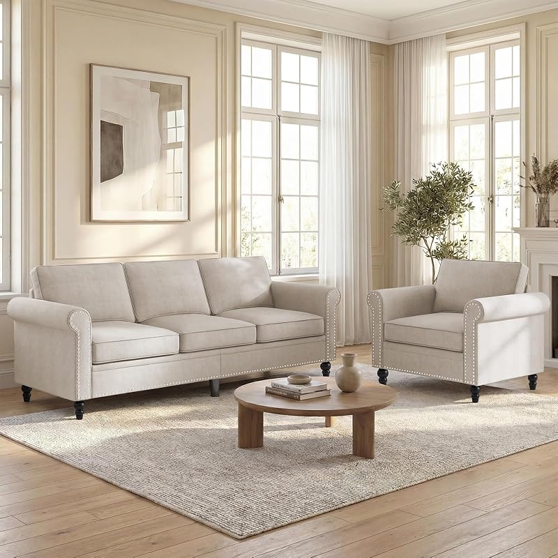 2 Pieces Living Room Sofa Set, Sectional Sofa Couches, Couch and Chair Set, Modern Linen Couch with Wood Frame & Gourd Shapes Legs & Nailhead Trim Design for Living Room, Apartment, Beige