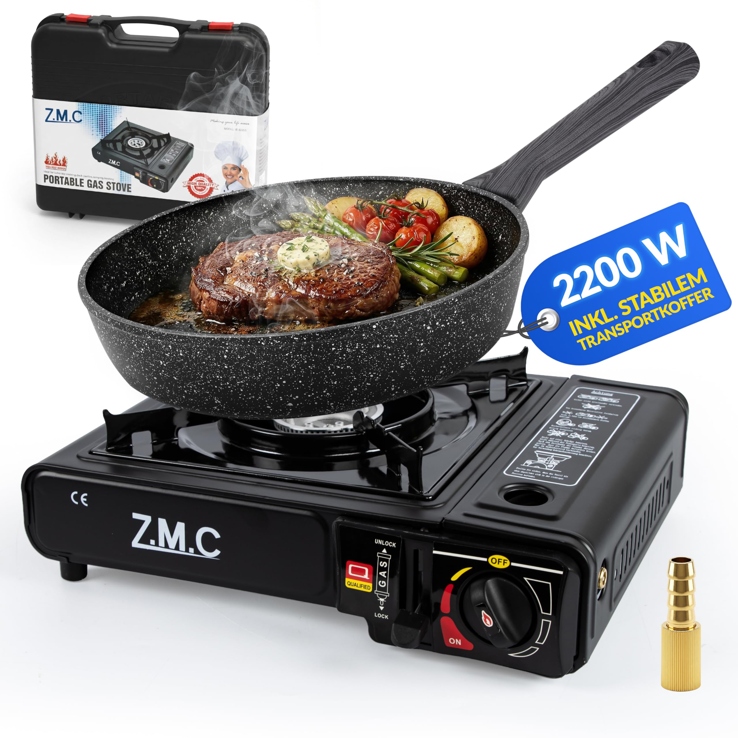 Z.M.C Kuchenka gazowa 1-palnikowa z adapterem do LPG + walizka do przechowywania + 4 kartusze gazowe 227 g, kuchenka kempingowa do użytku na zewnątrz i wewnątrz, kuchenka gazowa 2,2 kW z zapłonem piezoelektrycznym