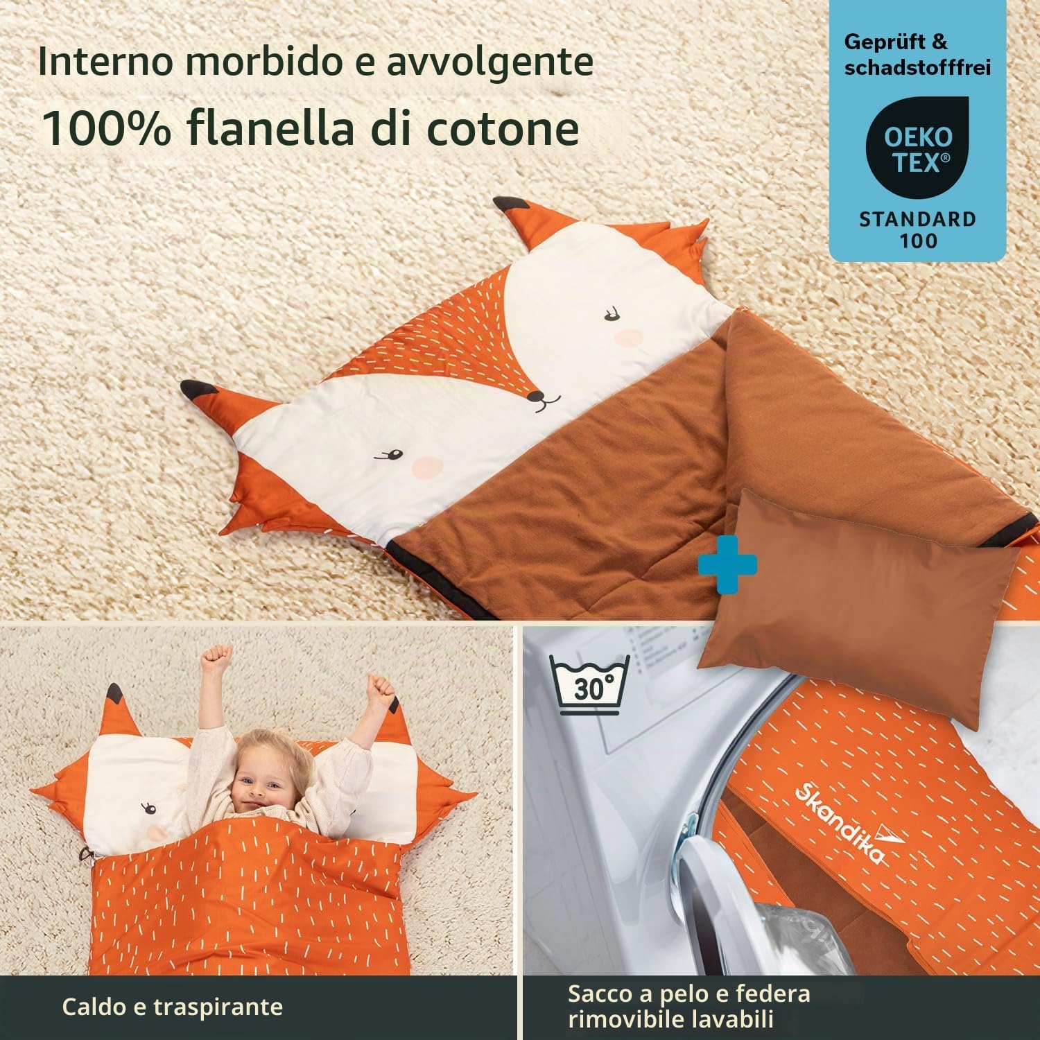 Skandika Sacco a pelo per bambini Soti | fino a 150 cm, in cotone, lavabile in lavatrice, con morbido cuscino