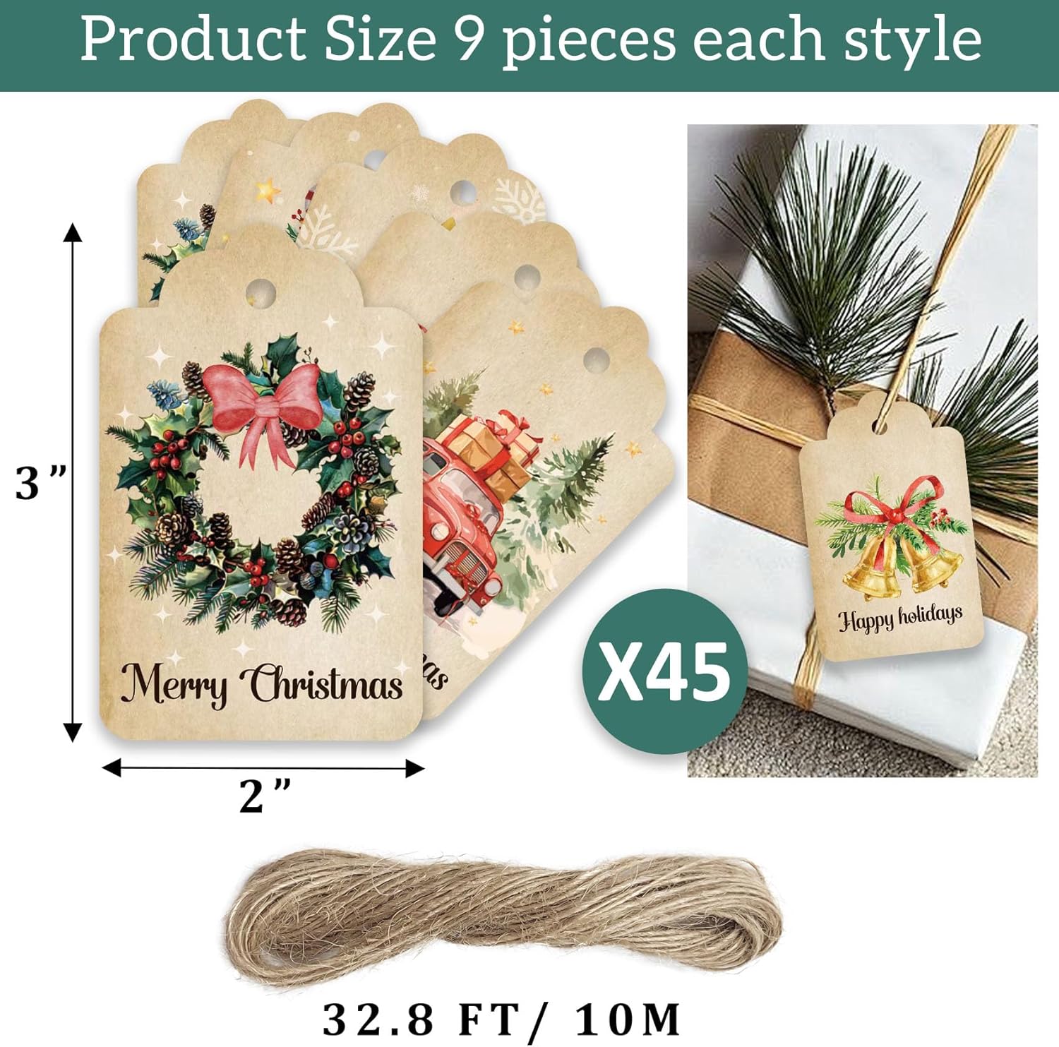 Vintage Christmas Gift Tags with String - 45 Quality Paper Labels for Personalizing Your Christmas Presents, 5 Holiday Designs, 2 x 3 Inch Rustic Xmas Gift Name Tags for Presents & Gifts Bags Wrapping - Image 2
