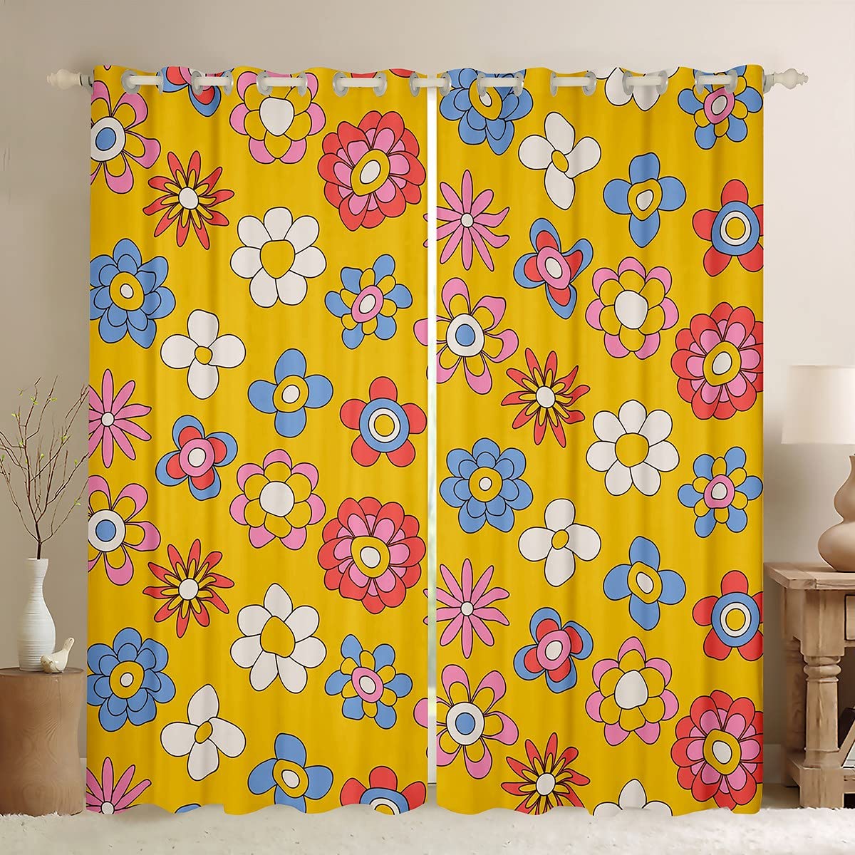 Erosebridal Cute Retro Groovy Flowers Window Curtains 52