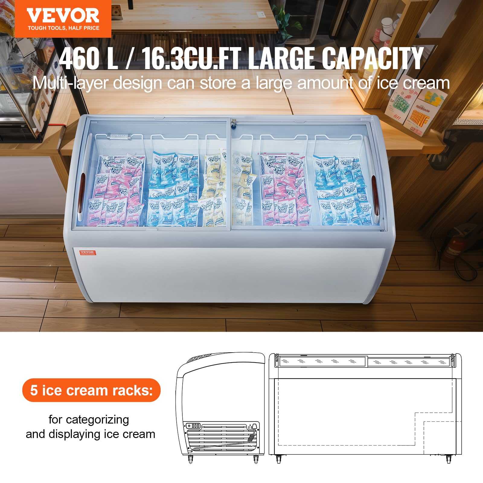 VEVOR Vitrine Réfrigérée à Crème Glacée Commerciale, Comptoir à Glace 460 L, Congélateur Mobile avec Dessus en Verre, 5 Paniers Métalliques, 2 Portes Coulissantes en Verre, Roulettes Verrouillables