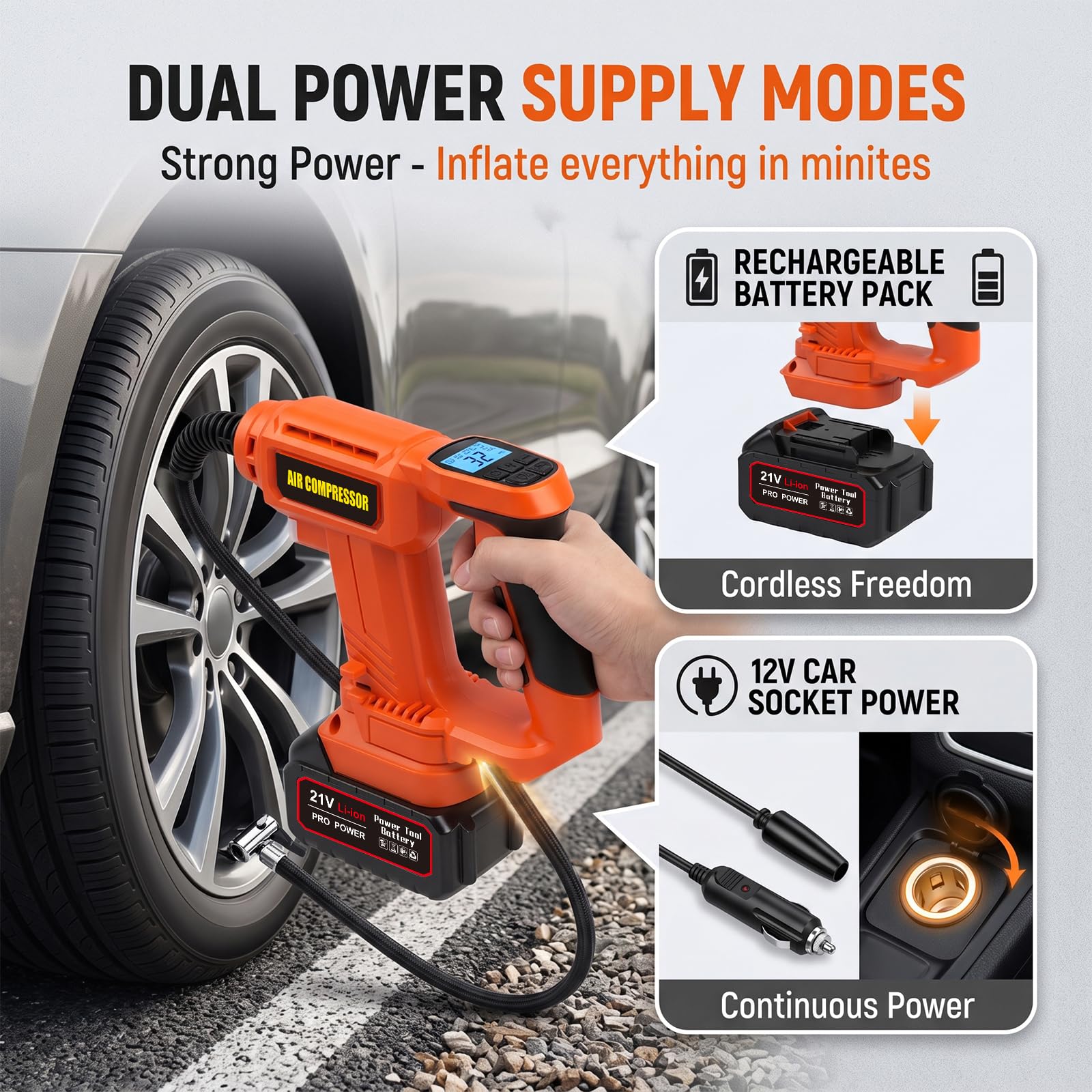 Compressore Aria Portatile 120 PSI, Pompa Elettrica per Auto 12 V, 3000 mAh